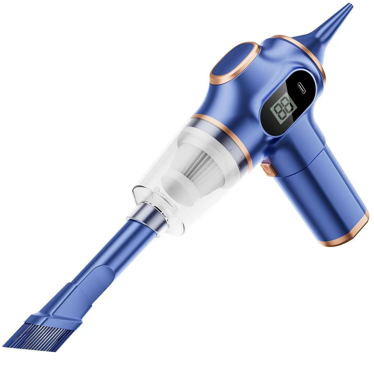 Blauer Handstaubsauger mit digitaler Anzeige und Bürstenaufsatz.