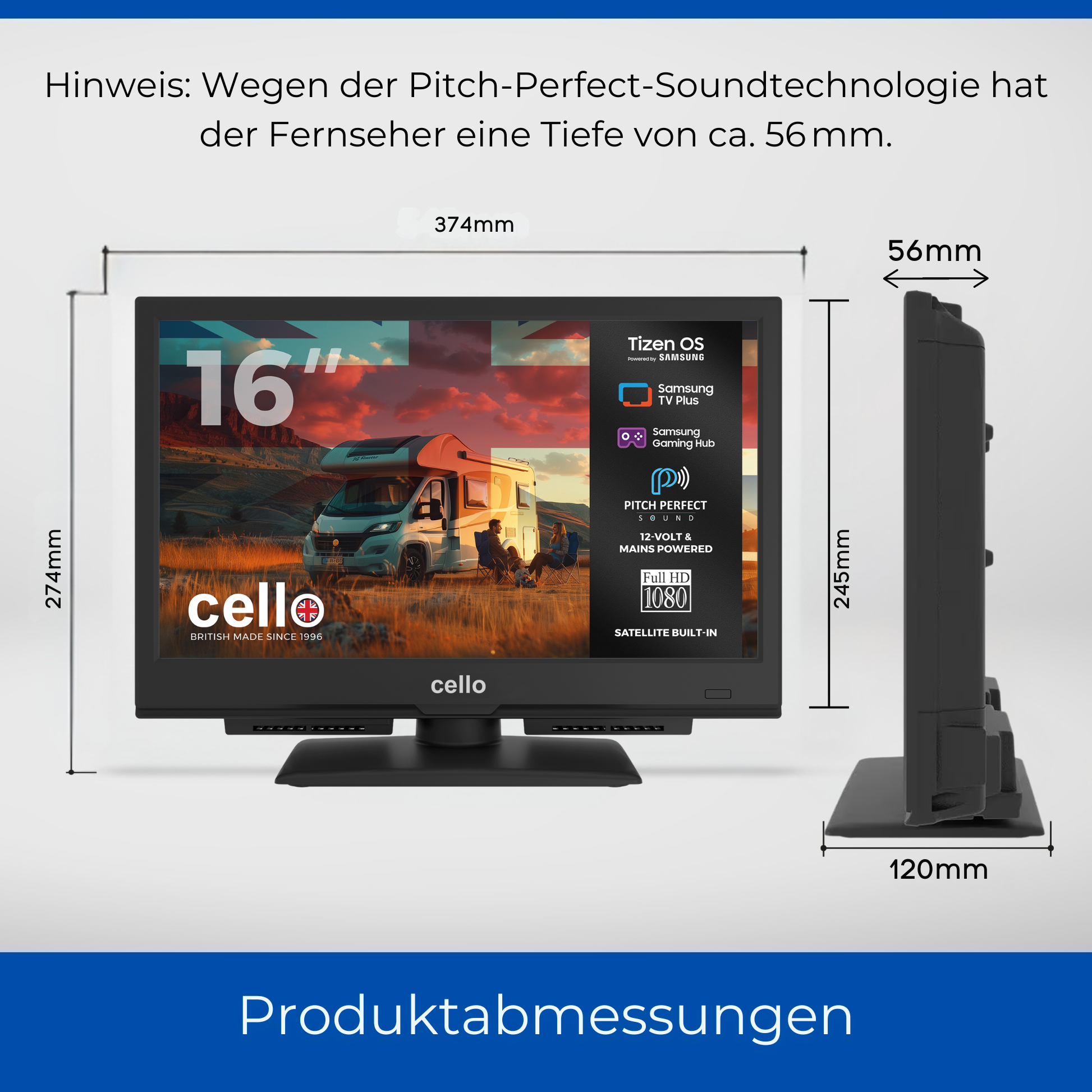 Ein 16-Zoll Cello Fernseher mit Tizen OS, Maßen 374x274x56mm.