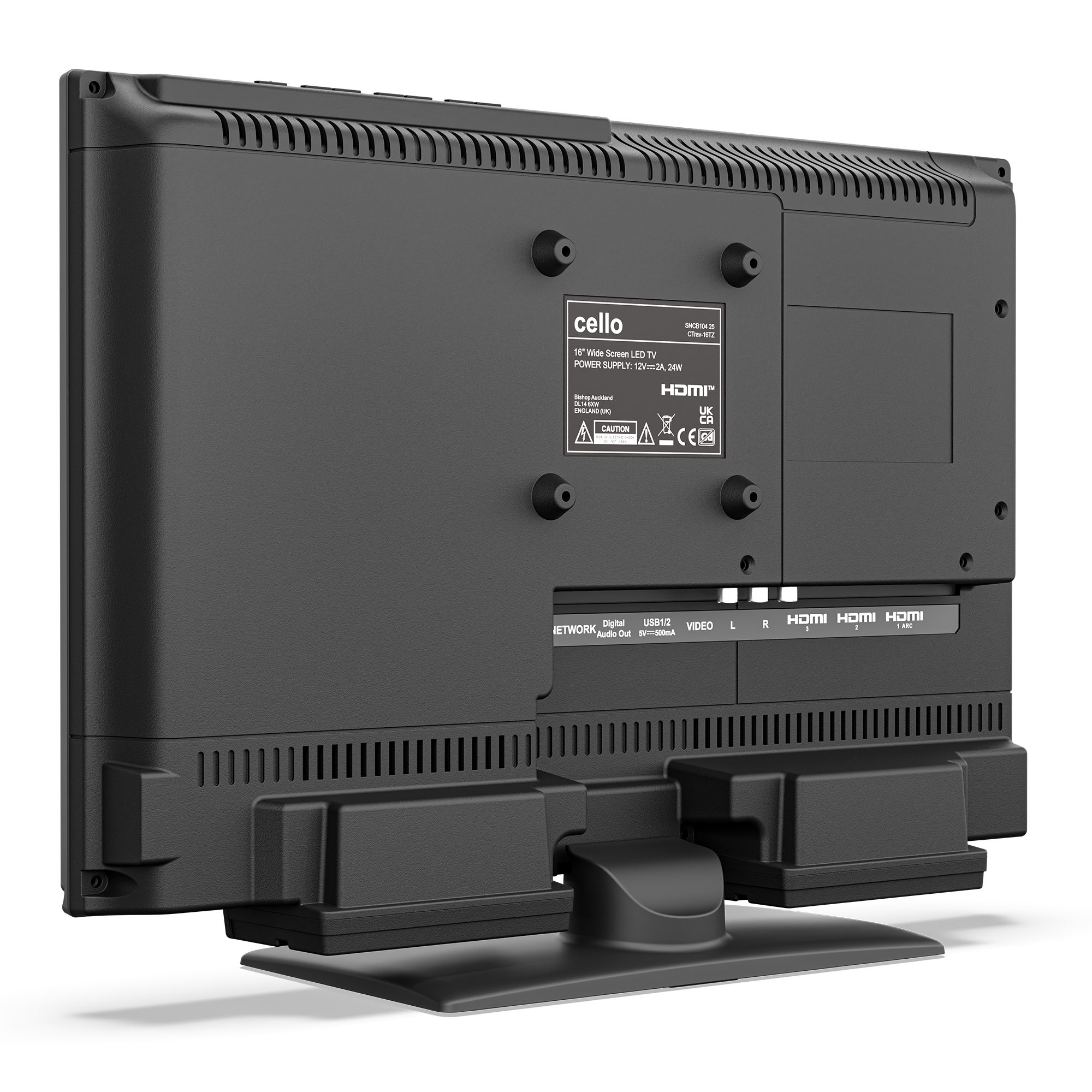 Rückseite eines schwarzen LED-Fernsehers mit Anschlüssen und Belüftungsschlitzen.