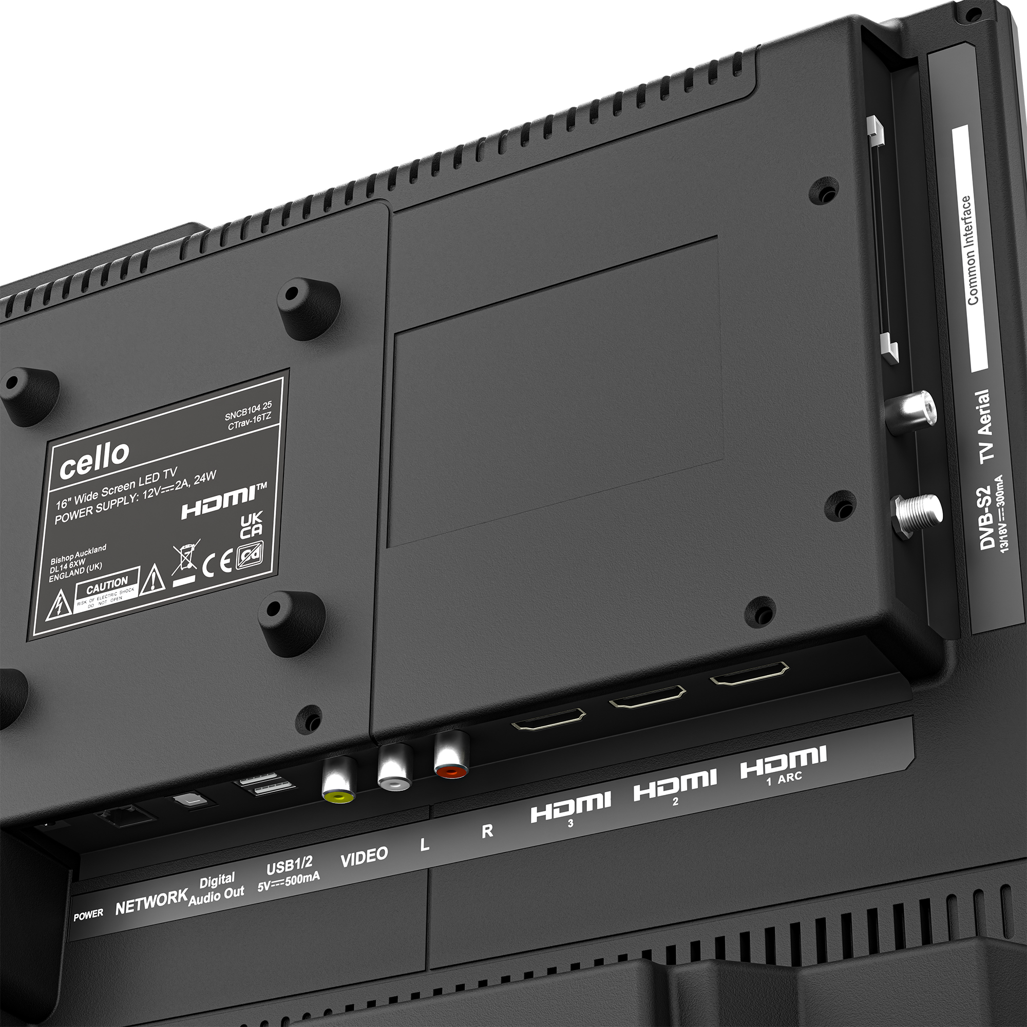 Rückseite eines Fernsehers mit Anschlüssen wie HDMI, USB, Netzwerk und Antenne.