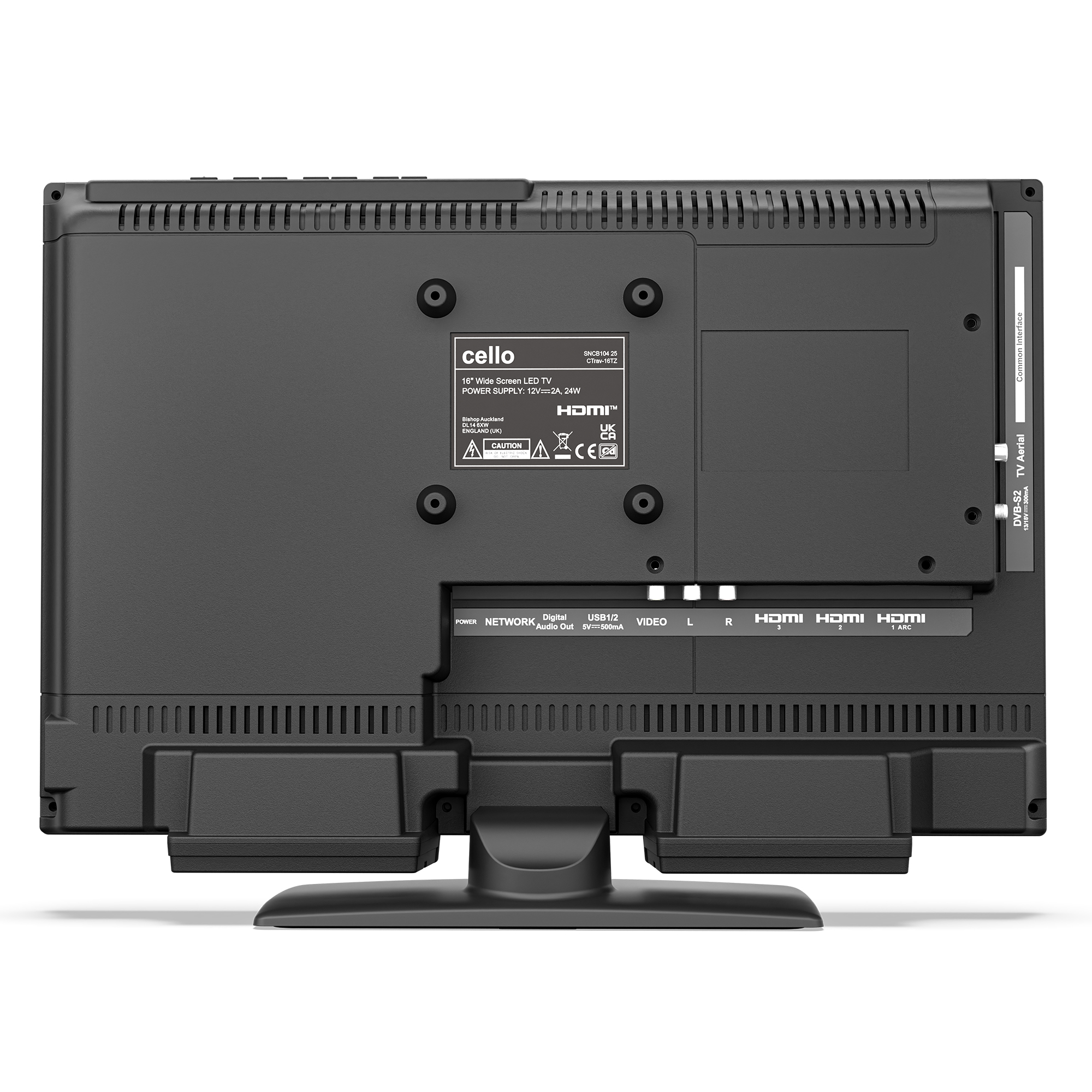 Rückseite eines schwarzen 16-Zoll-LED-Fernsehers mit Anschlüssen und Beschriftungen.