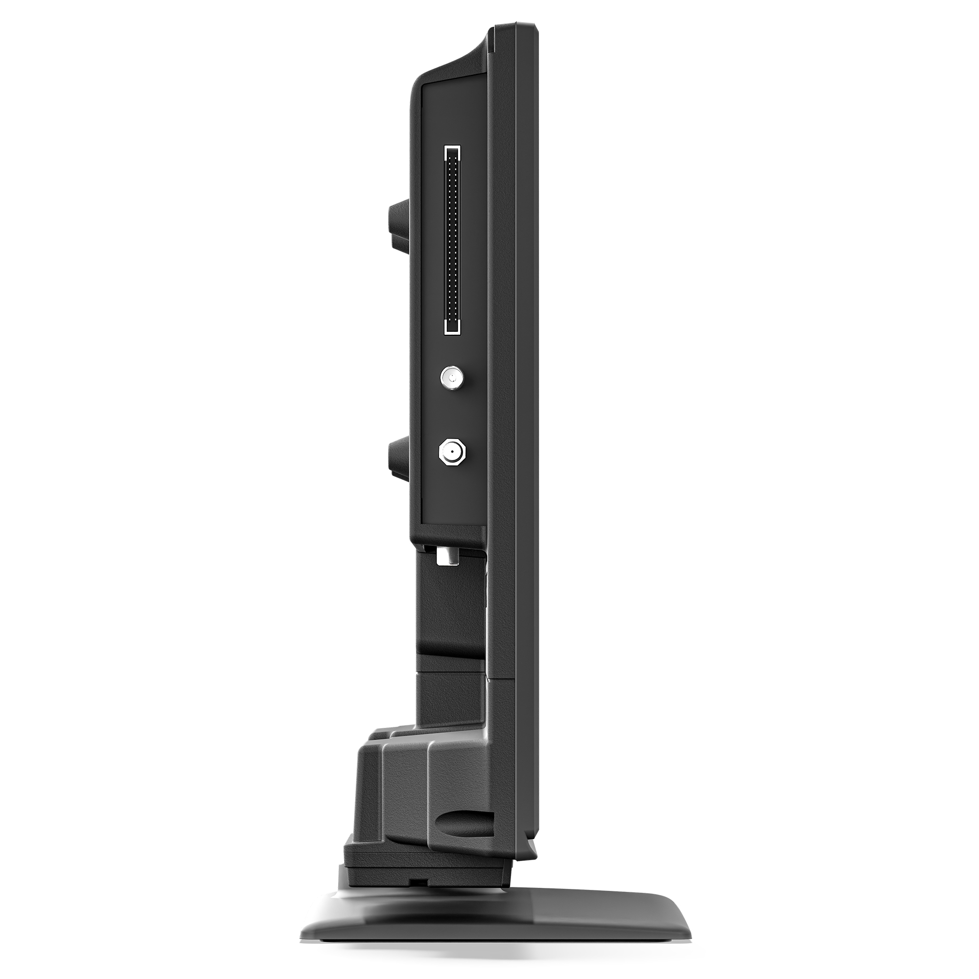 Seite eines schwarzen Monitors mit Anschlüssen und Standfuß.