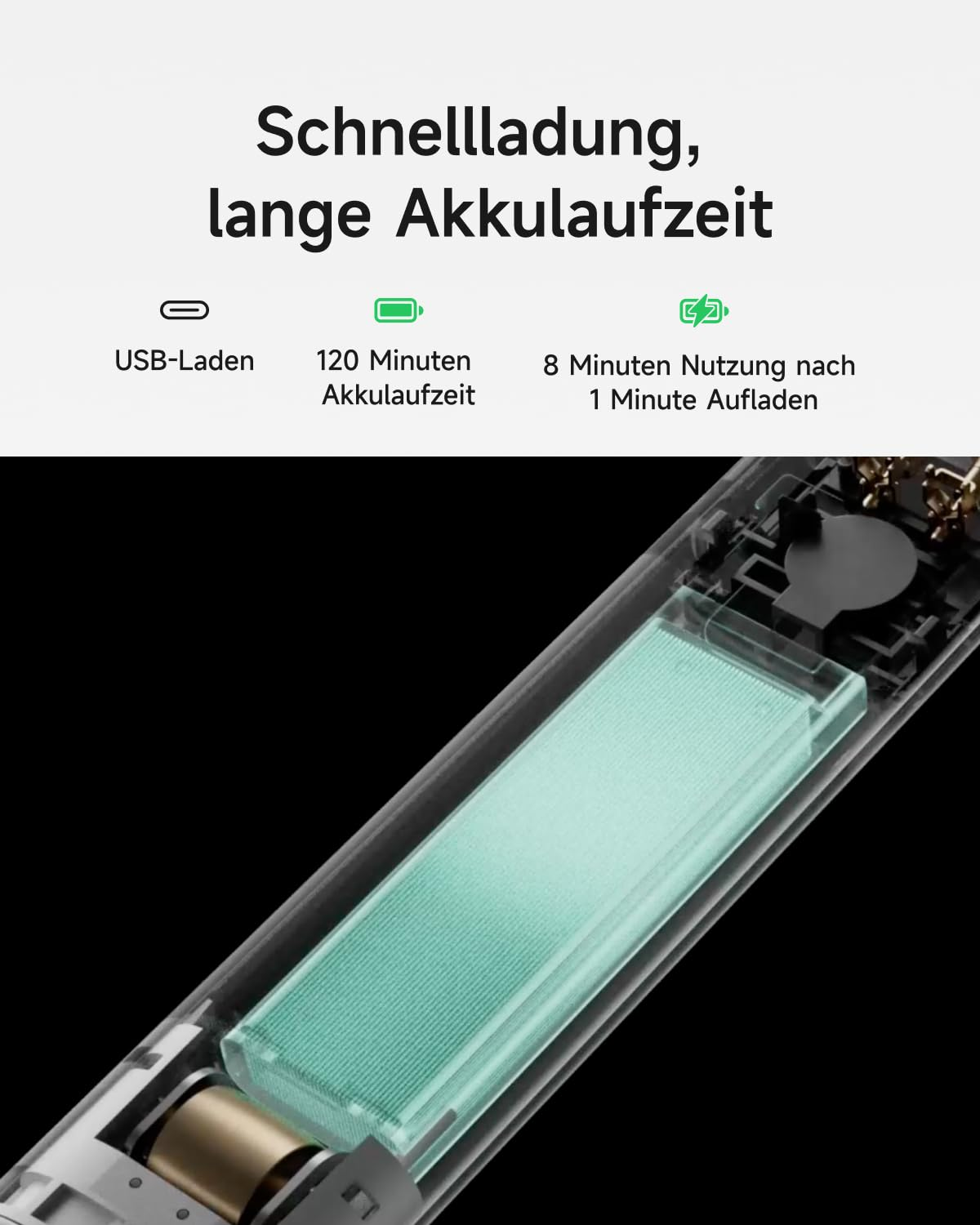 Nahaufnahme einer transparenten Batterie mit grünen Zellen. Text betont Schnellladung.