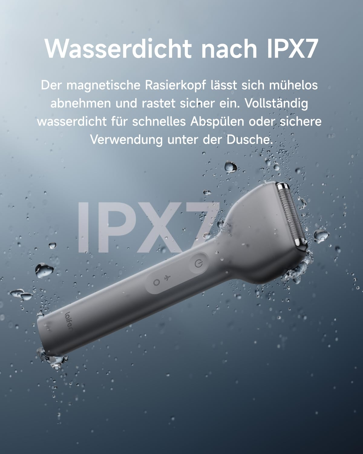 Ein grauer, wasserdichter Rasierer mit IPX7-Zertifizierung wird gezeigt.