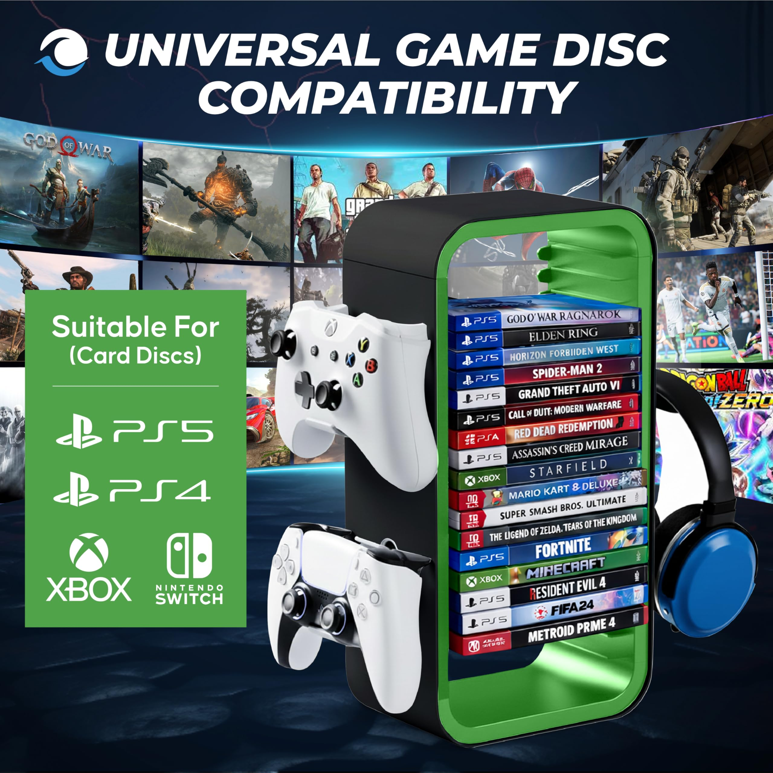 Spielespeicher für PS5, PS4, Xbox, Switch mit Spielen und Controllern.