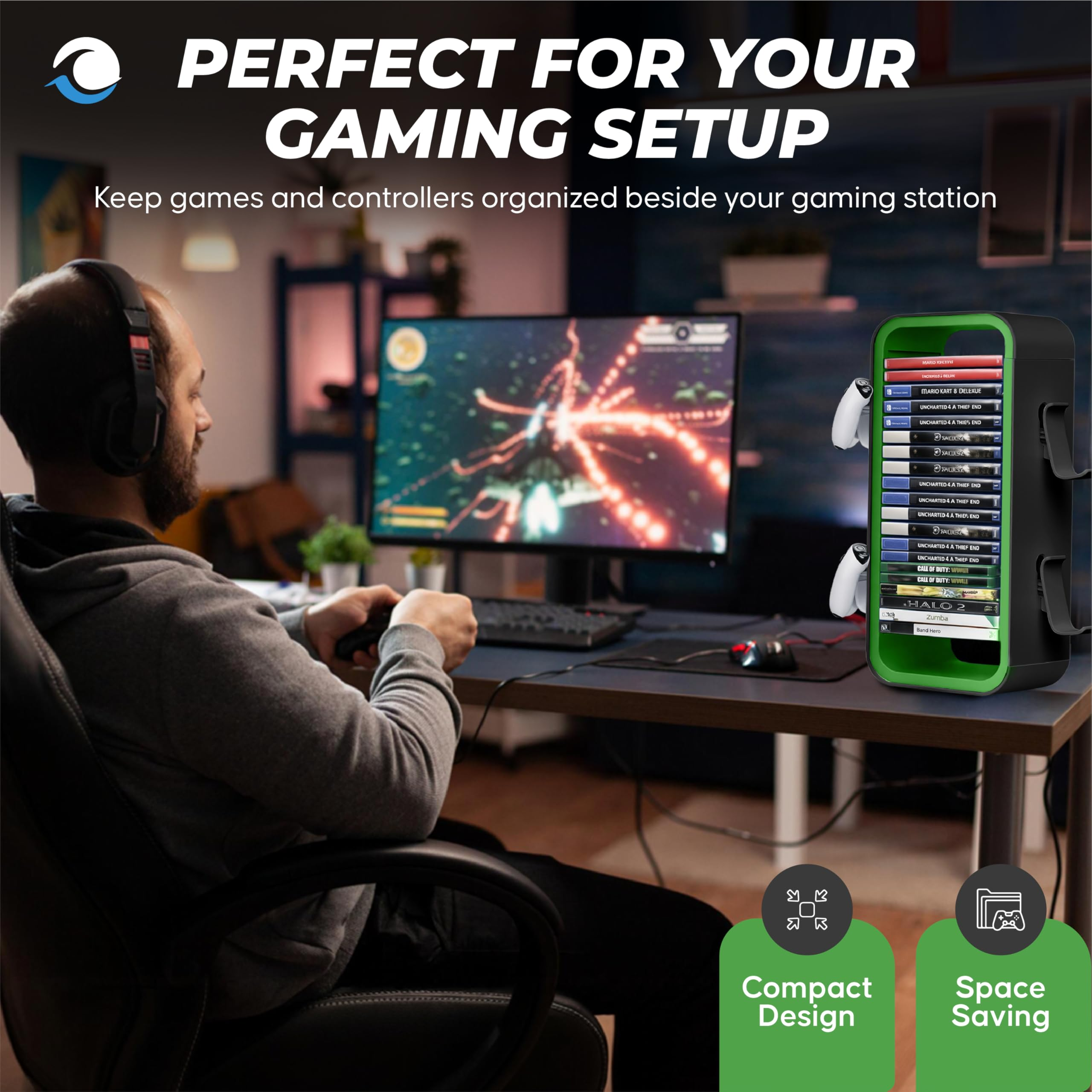 Ein Mann mit Kopfhörern spielt Videospiele. Ein Controller-Ständer hält Spiele und Controller.