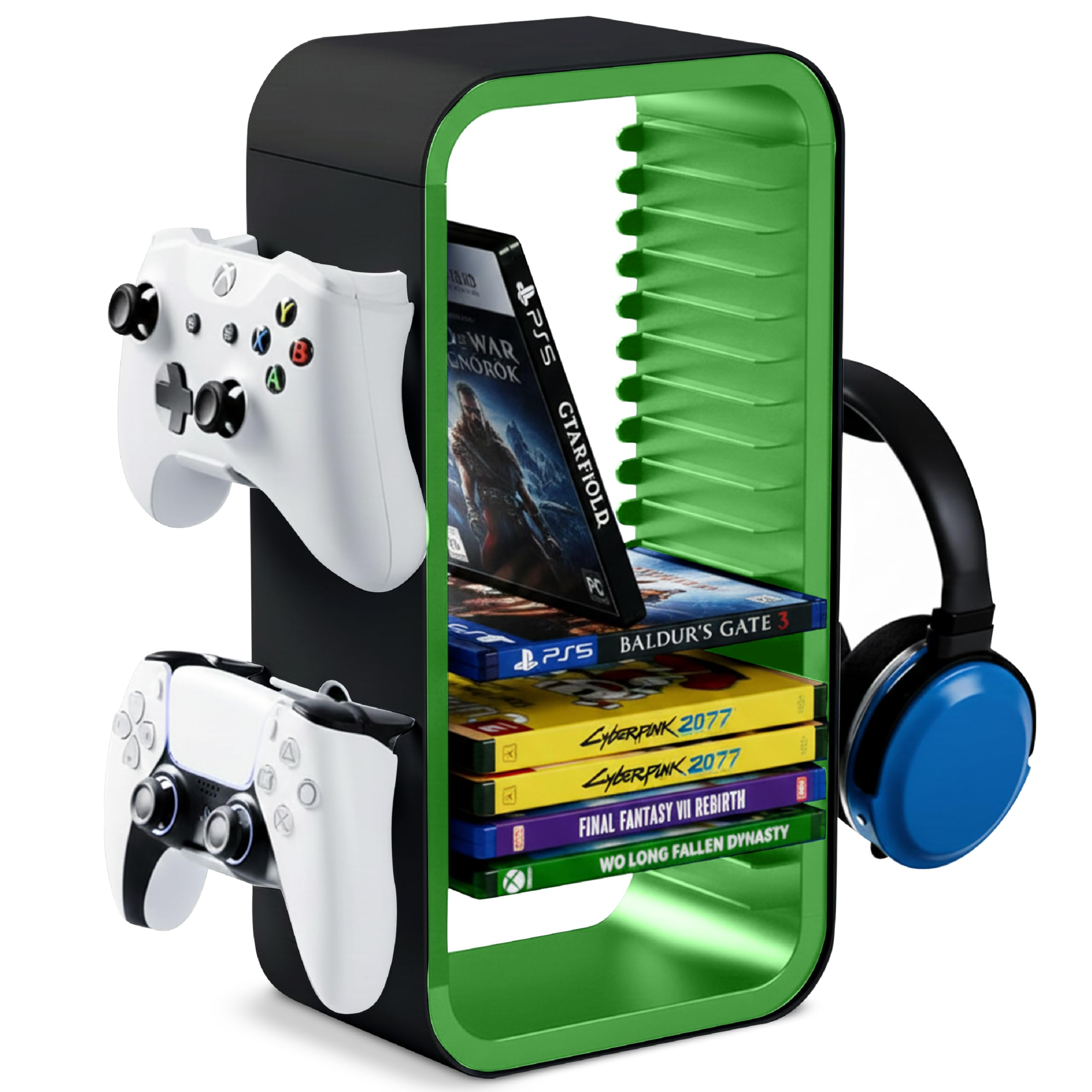 Ein schwarzer Gaming-Organizer mit grünen Akzenten, zwei weiße Controller und Spiele.