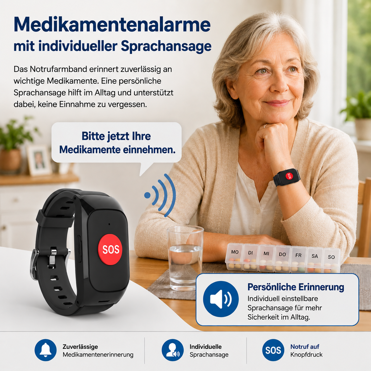 Ältere Frau mit Medikamentenarmband und Pillendose. Text erklärt Sprachansagen.