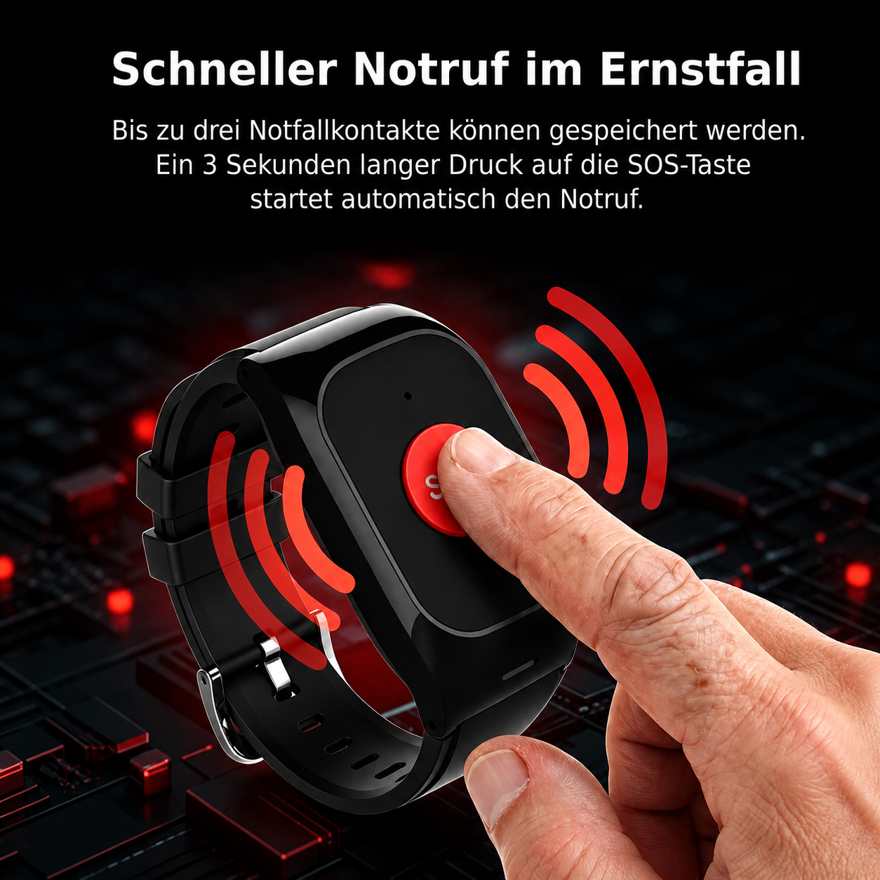 Ein Finger drückt auf den roten SOS-Knopf einer schwarzen Smartwatch.