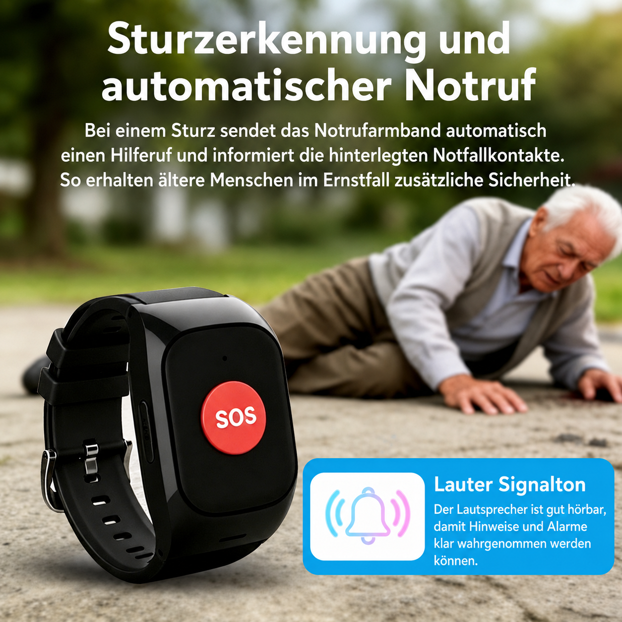Ein Sturz-Erkennungs-Armband mit SOS-Knopf liegt vorne. Ein älterer Mann liegt im Hintergrund am Boden.