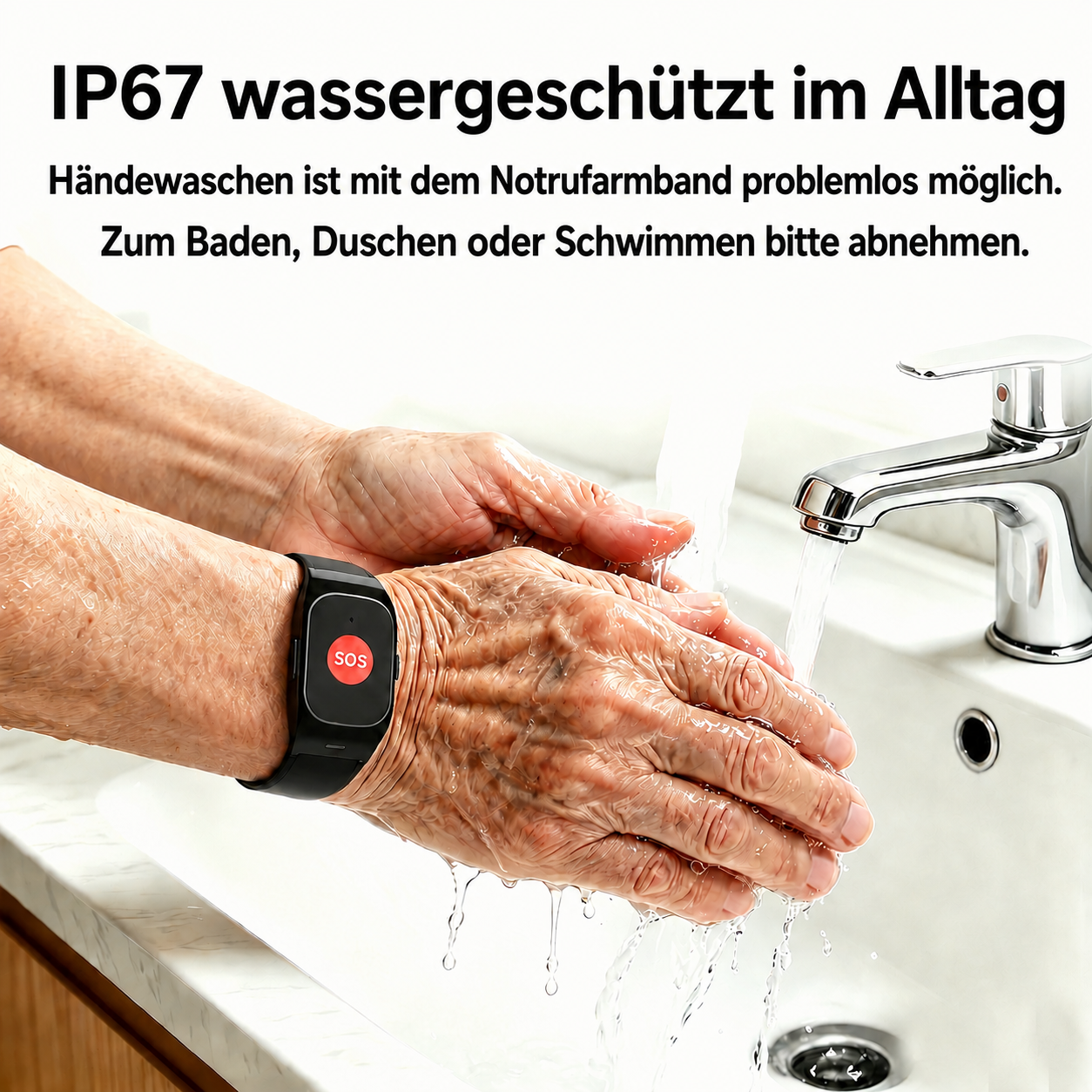 Hände waschen mit SOS-Armband in einem Waschbecken unter fließendem Wasser.