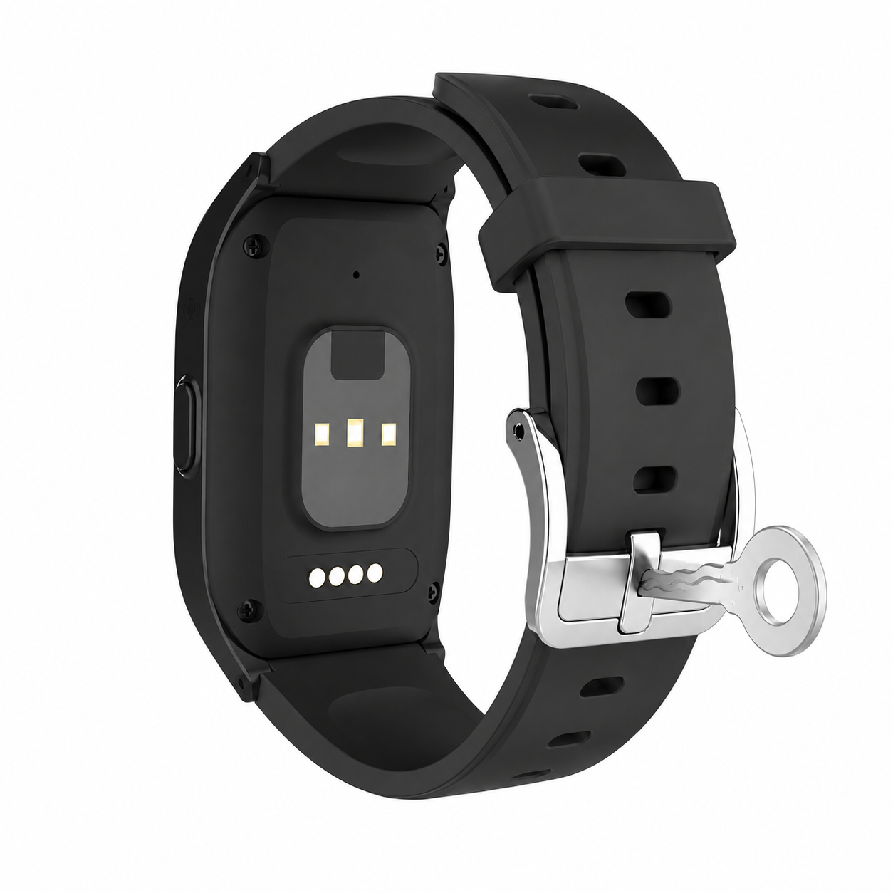 Schwarzes Smartwatch-Armband mit Metallschnalle und Schlüsselschließe.