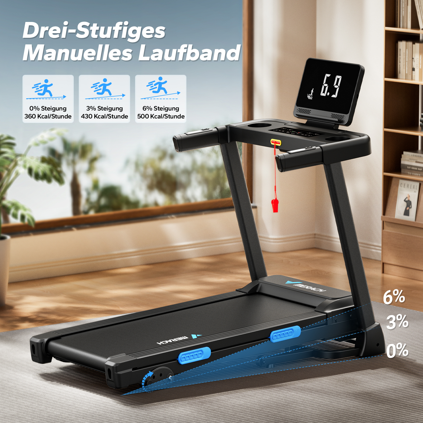Ein schwarzes Laufband mit digitaler Anzeige, das Steigungen von 0%, 3% und 6% zeigt.