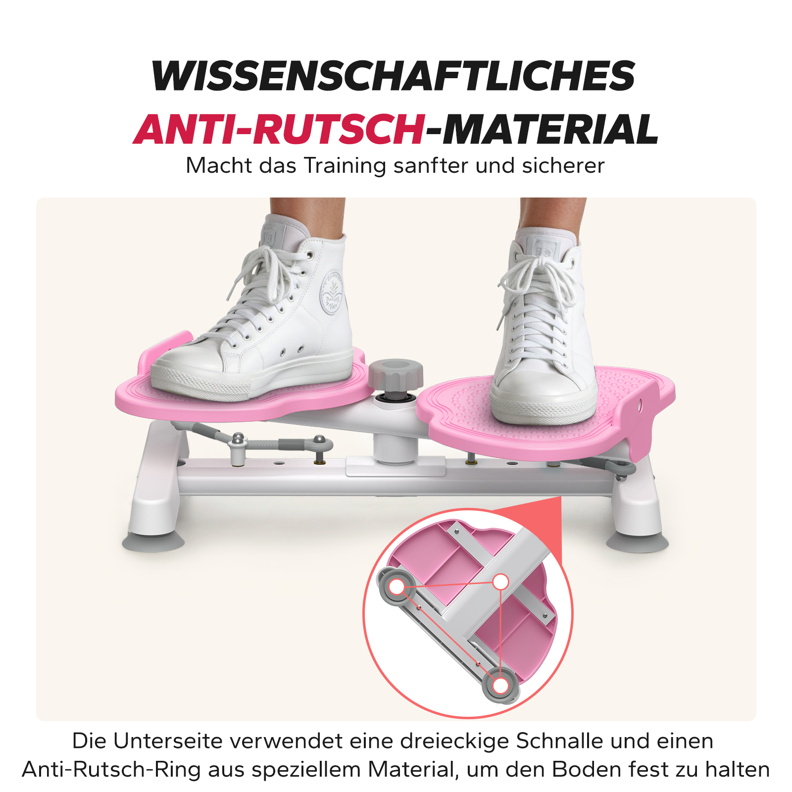 Person in weißen Sneakern steht auf pinkem Stepper mit Detailansicht der Anti-Rutsch-Unterseite.