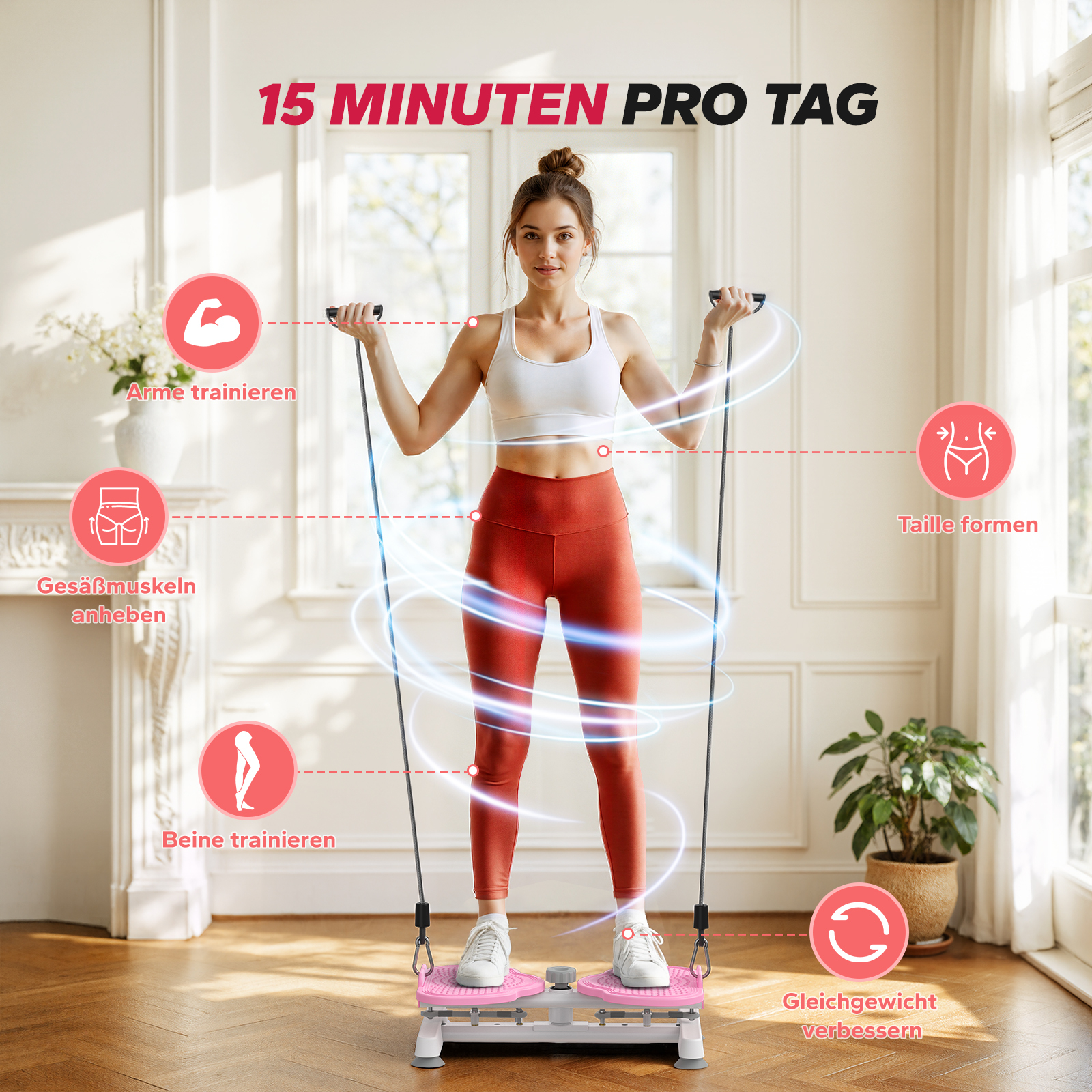 Frau trainiert mit Stepper und Seilen, um Arme, Taille, Gesäß und Beine zu formen.