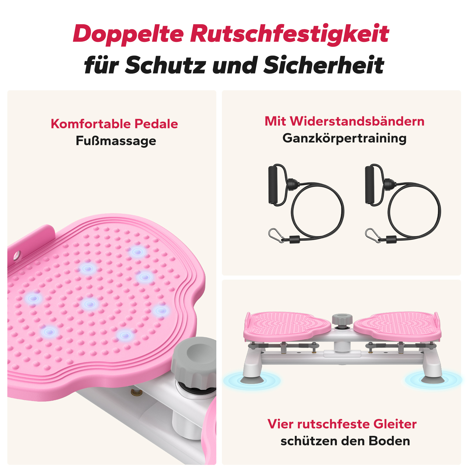 Rosa Stepper mit Massagenoppen, Widerstandsbändern und rutschfesten Gleitern.