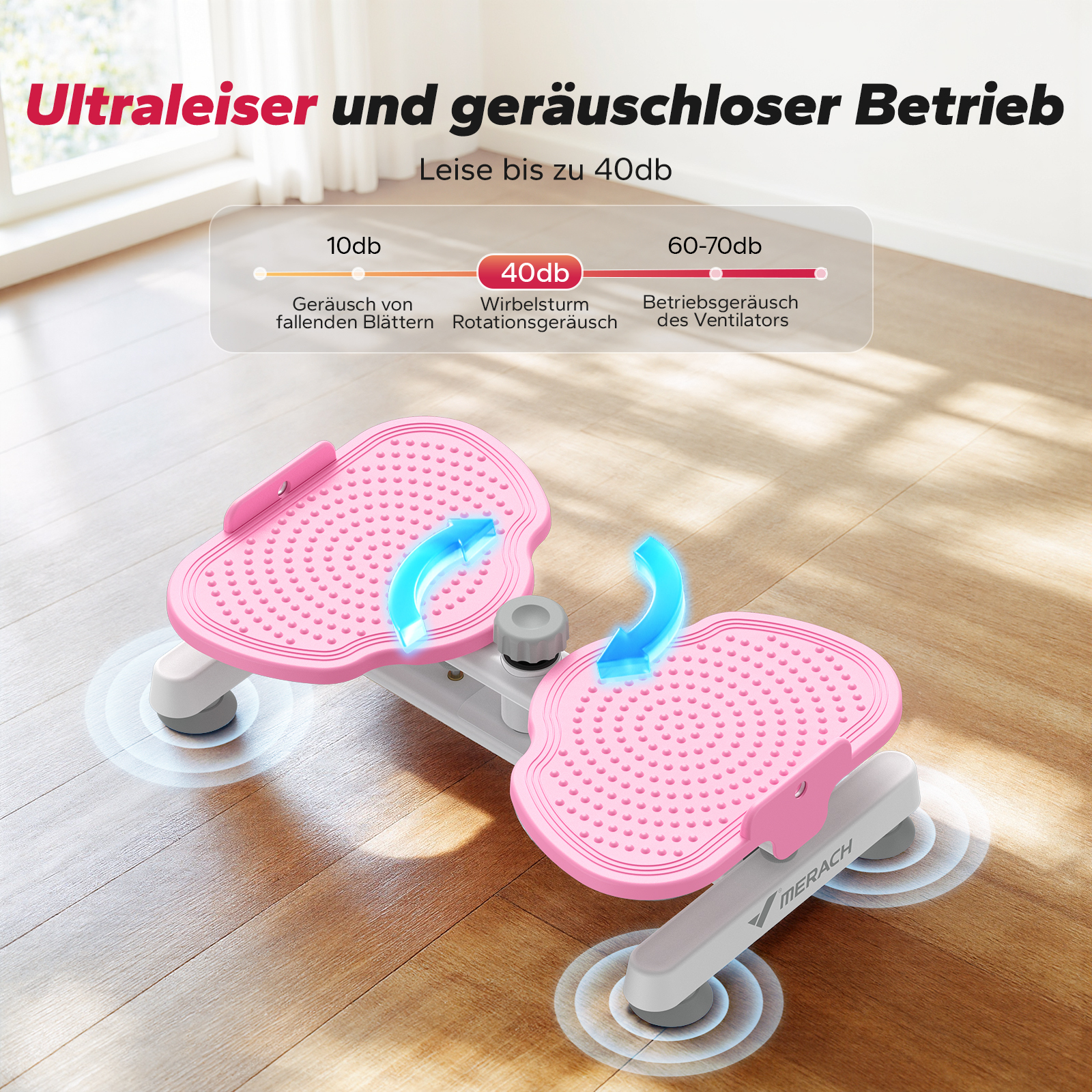 Rosa Stepper mit blauen Pfeilen zeigt leisen Betrieb. Dezibel-Skala von 10 bis 70db.