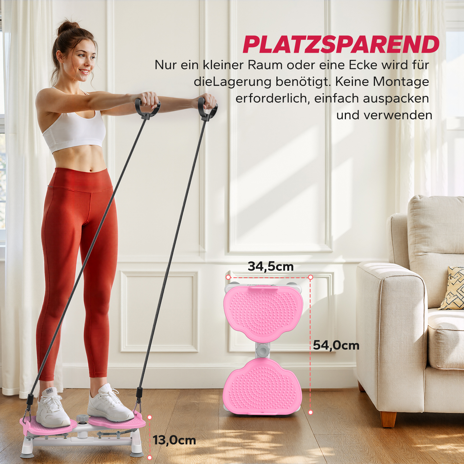Frau trainiert mit rosa Stepper und Seilen vor einem Sofa. Maße sind angegeben.