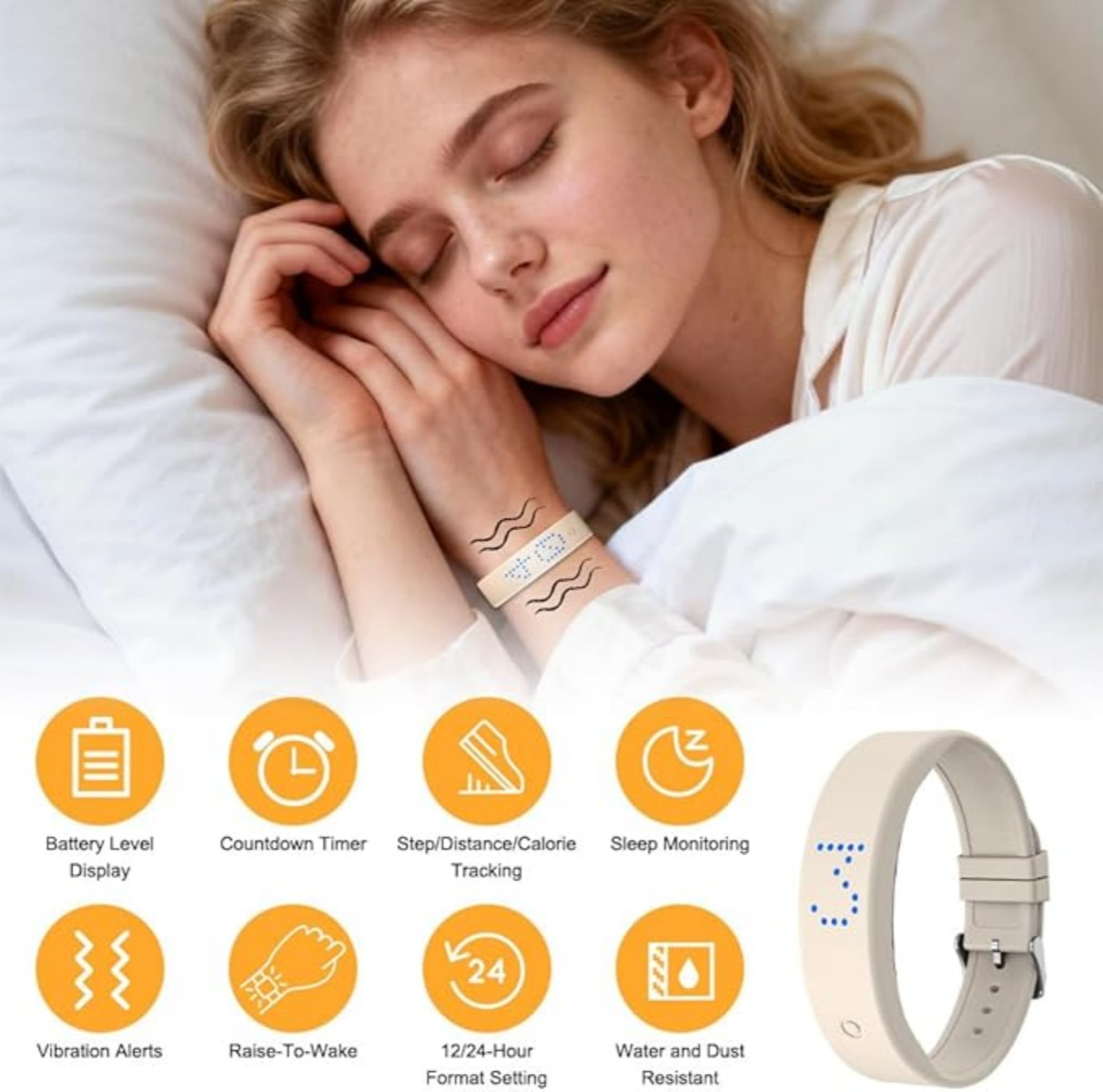 Frau schläft mit einem Smartband, das Schlafüberwachungsfunktionen und Symbole zeigt.