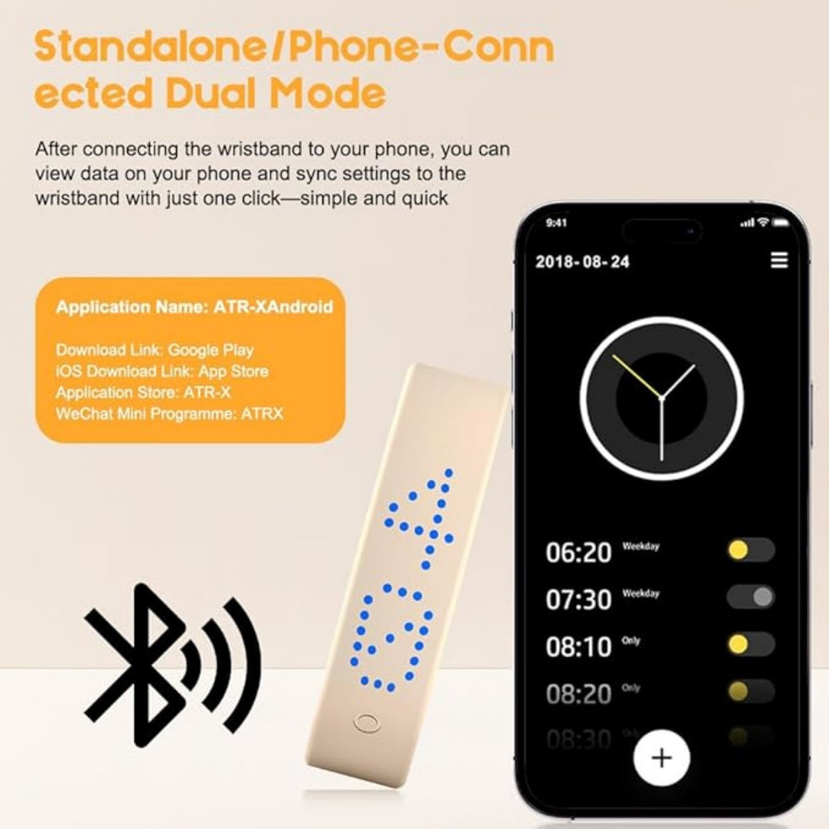 Ein Armband mit blauen Punkten, die '4G' anzeigen, neben einem Smartphone mit einer App.