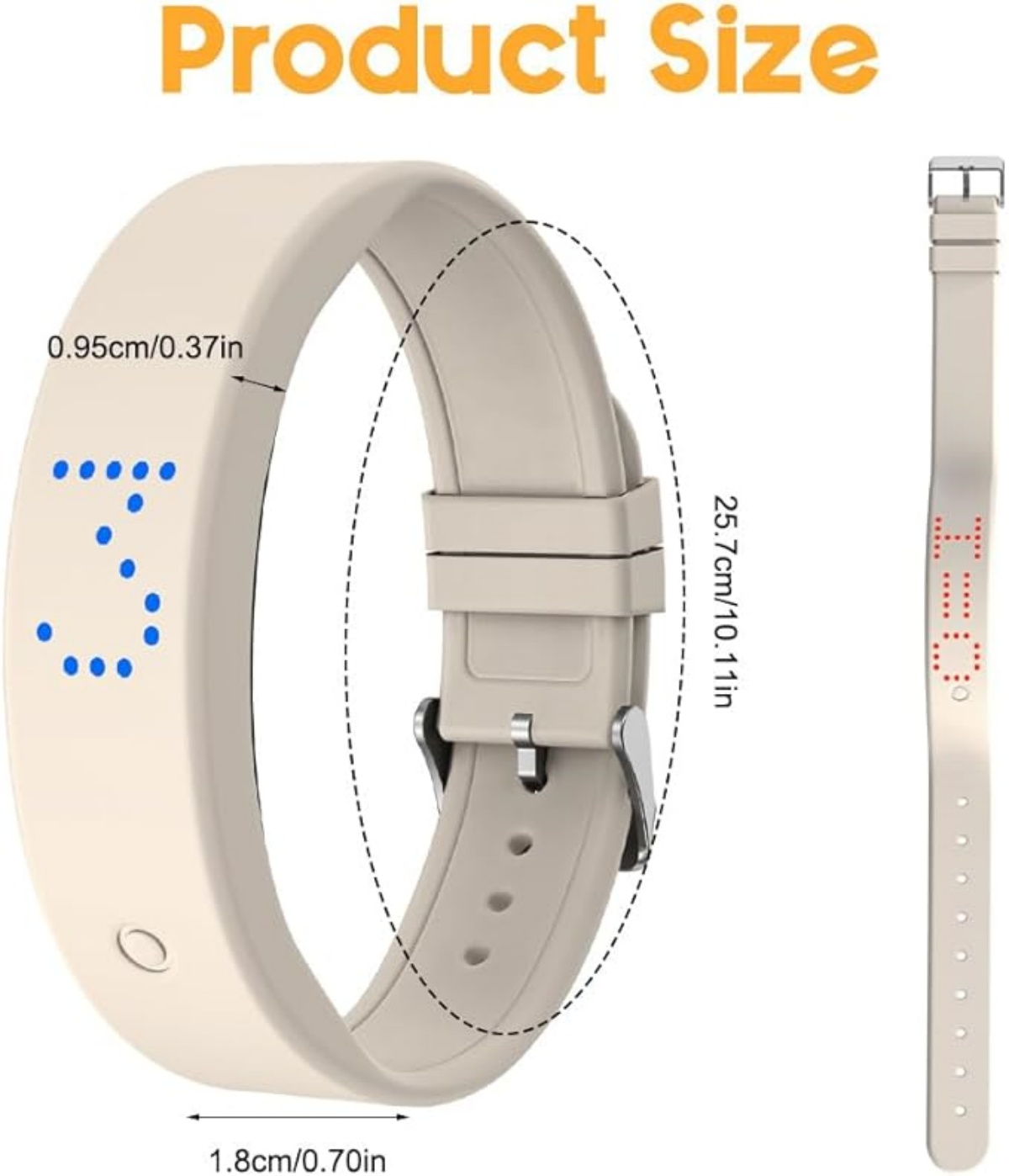 Beige Uhr mit blauen Punkten, die eine Zahl formen. Maße sind angegeben.