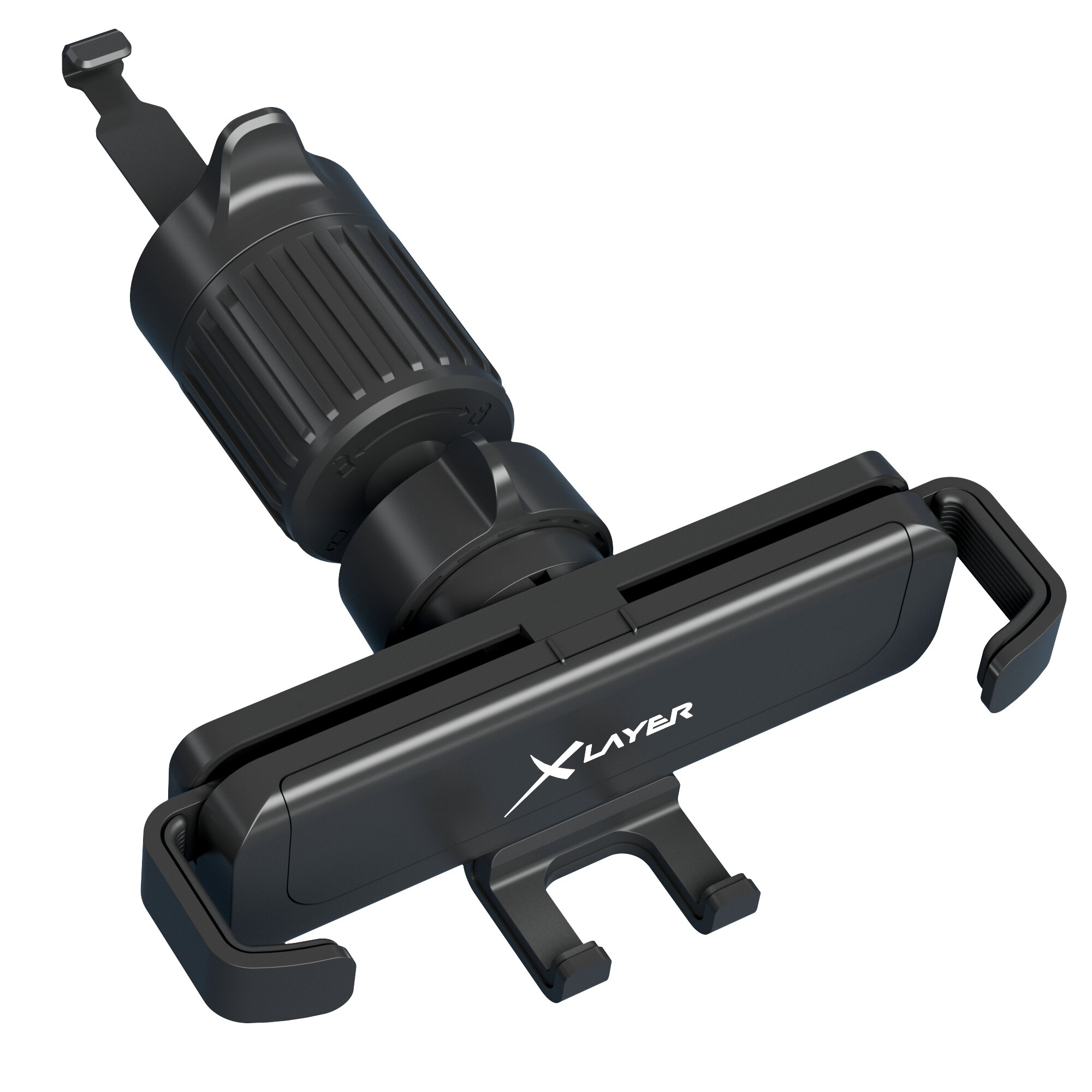 Ein schwarzer Handyhalter mit XLayer-Logo, auf weißem Hintergrund.