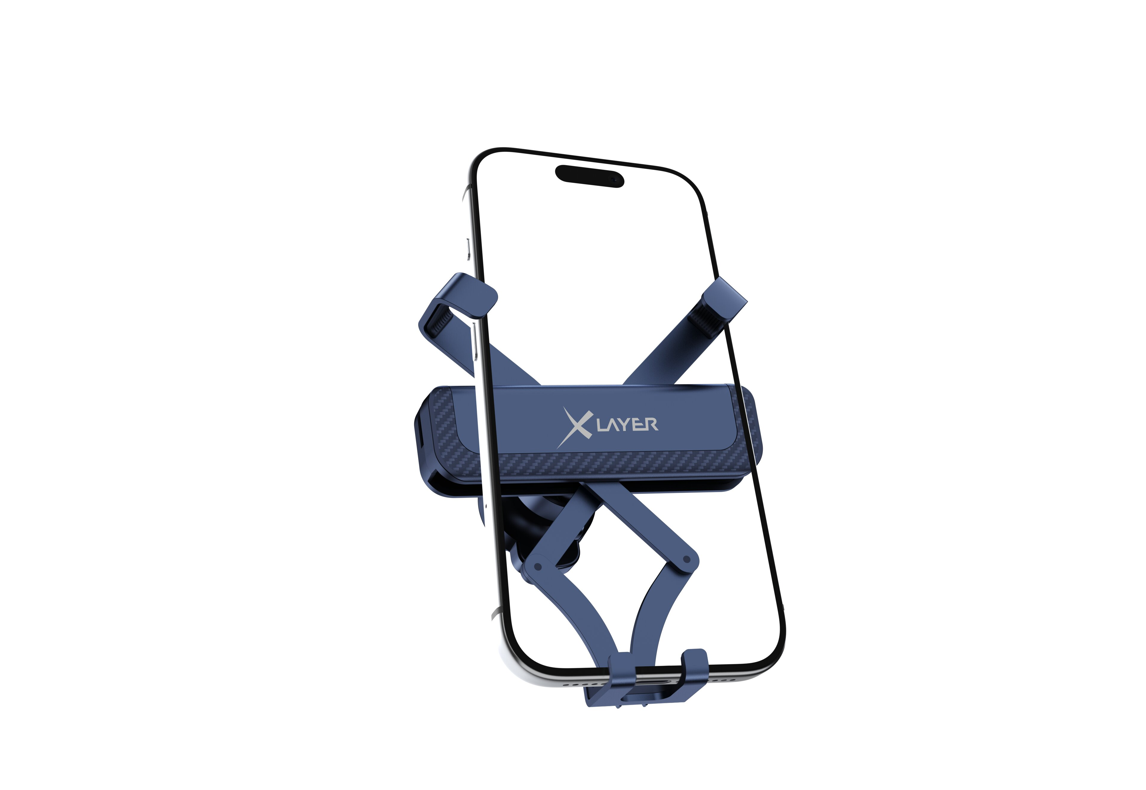 Ein blauer Handyhalter greift ein schwarzes Smartphone an einem weißen Hintergrund.
