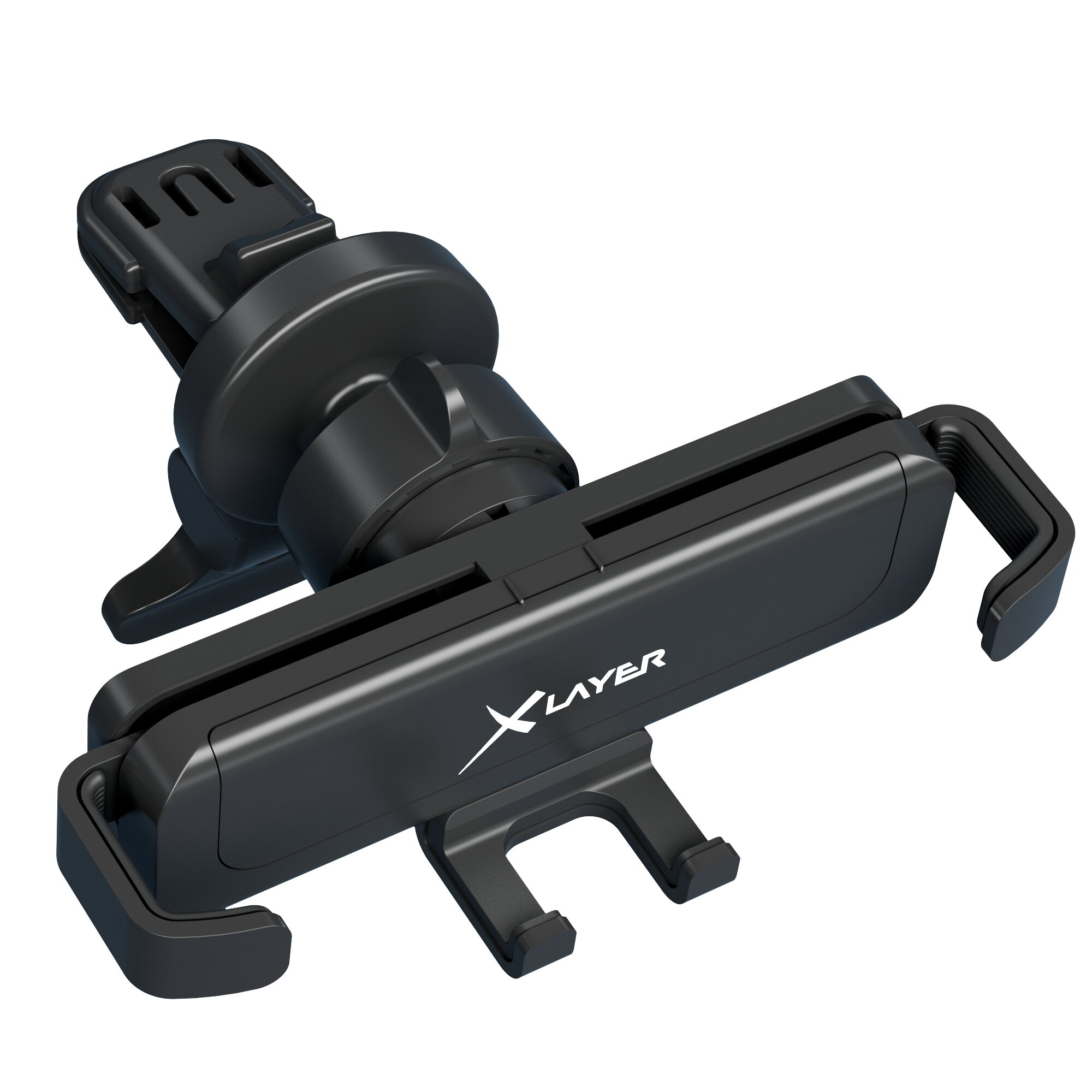 Schwarzer Handyhalter für Autos mit verstellbaren Klemmen und "Xlayer" Logo.