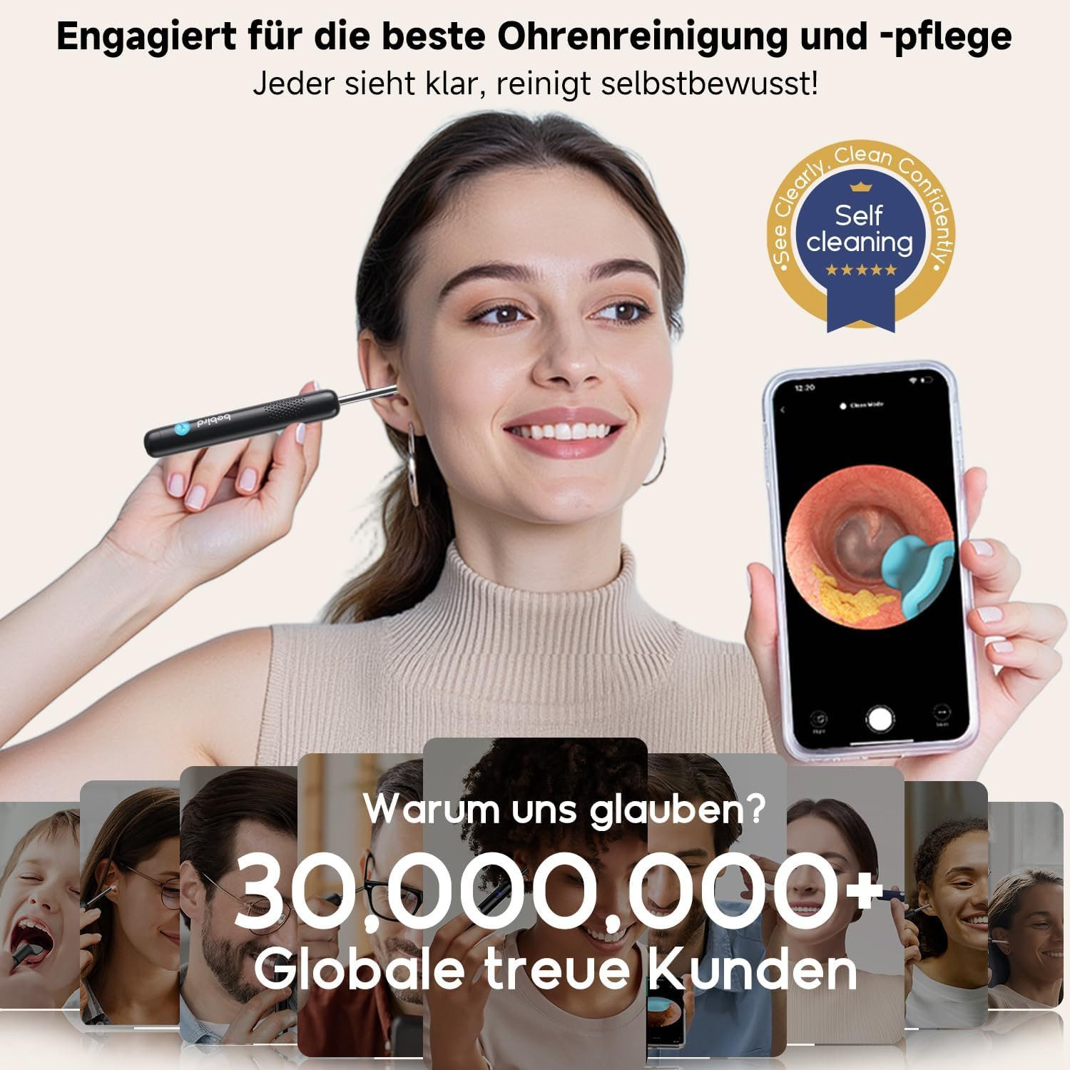 Frau benutzt ein digitales Ohrenreinigungswerkzeug, das auf ihrem Handy gezeigt wird.