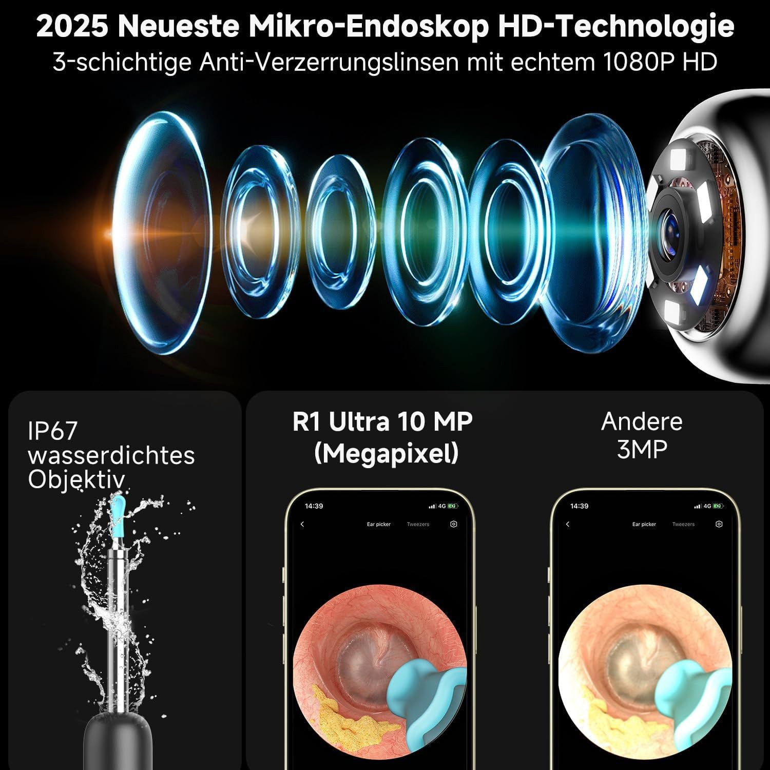 HD-Mikroskop-Objektiv mit 10MP-Auflösung und IP67-Wasserdichtigkeit.