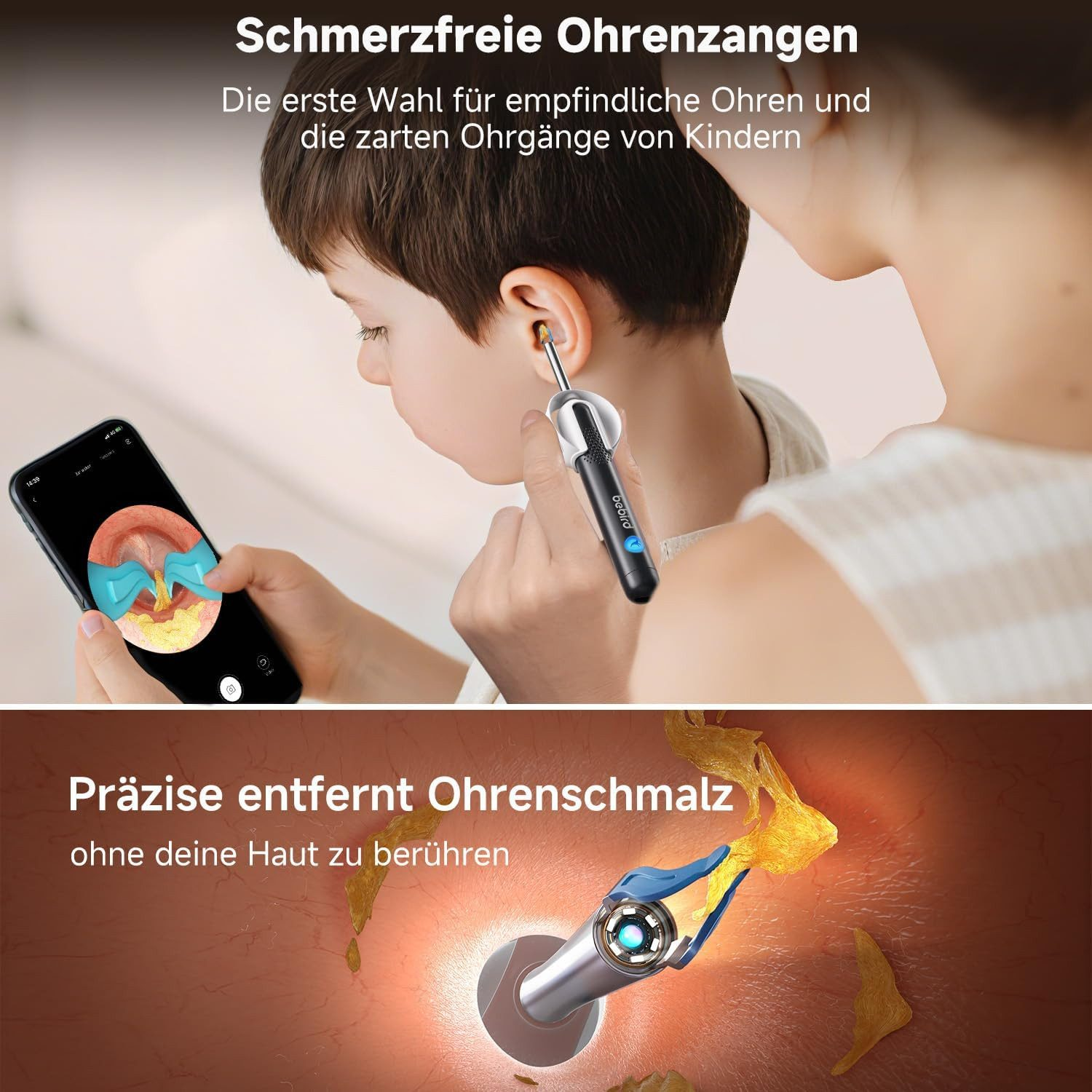 Ein Kind benutzt ein digitales Ohrenreinigungsgerät, das mit einem Smartphone verbunden ist.
