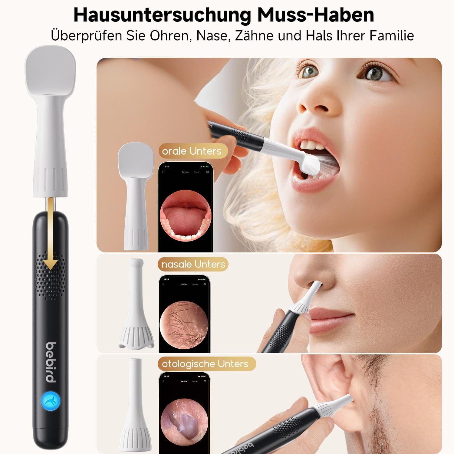 Ein bebird Gerät wird zur Untersuchung von Mund, Nase und Ohr gezeigt.