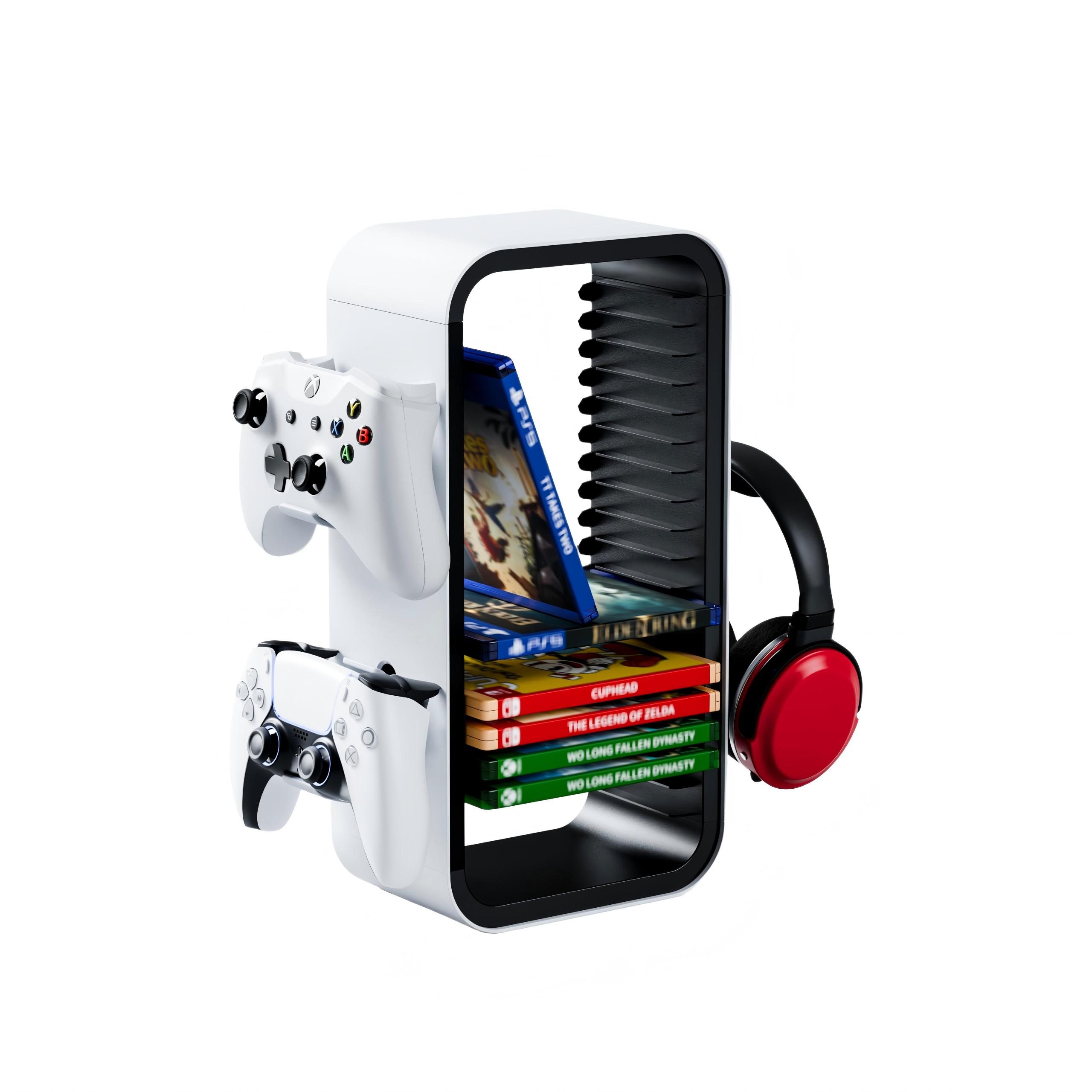 Ein weißer Controllerhalter mit Spielen und Kopfhörern.