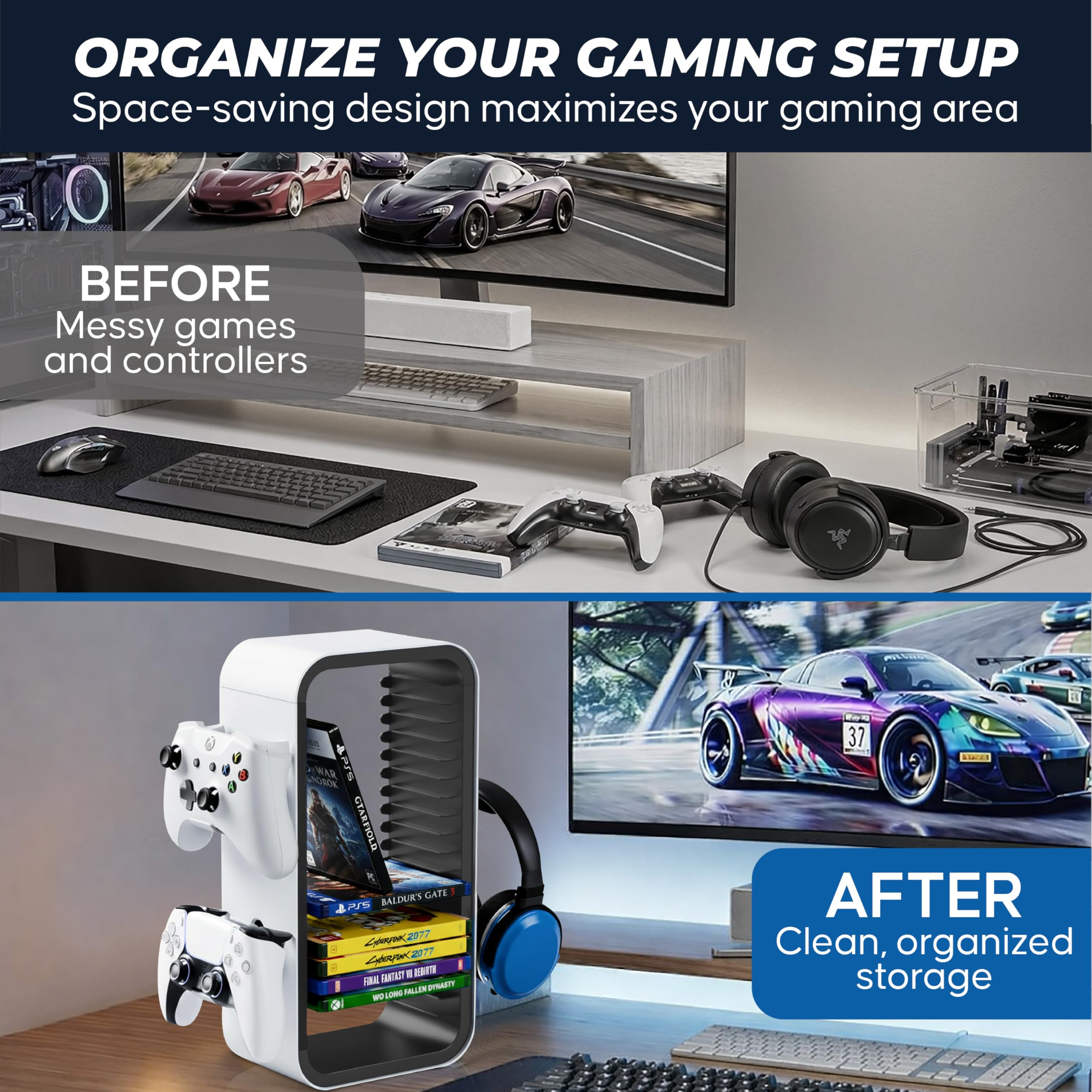 Vorher: unordentliches Gaming-Setup. Nachher: ordentliches Gaming-Setup mit Stauraum.