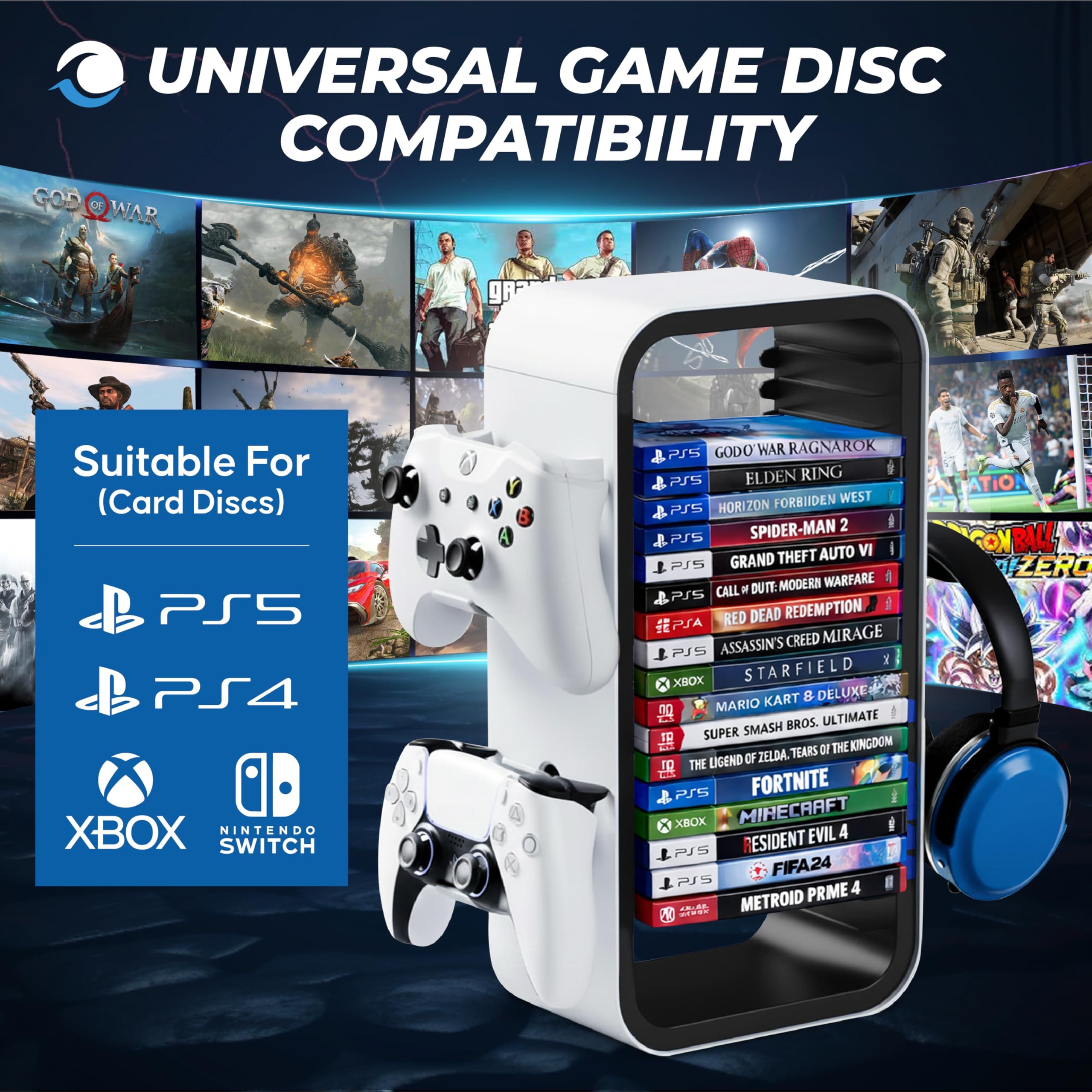 Spieleständer mit Spielen, Controllern und Kopfhörern, PS5, PS4, Xbox, Switch.