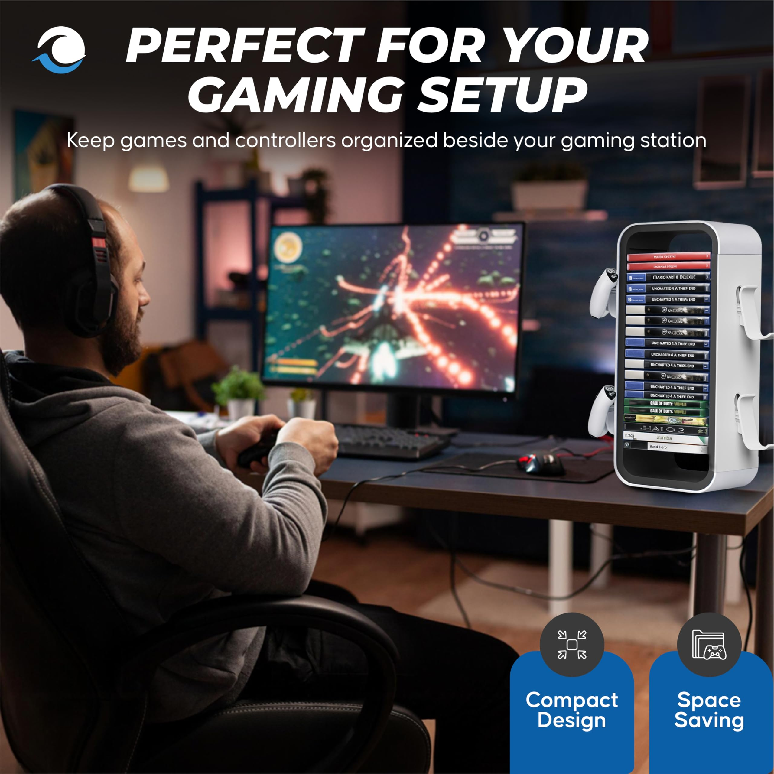 Mann spielt Videospiel mit Headset; daneben ein Organizer für Spiele und Controller.