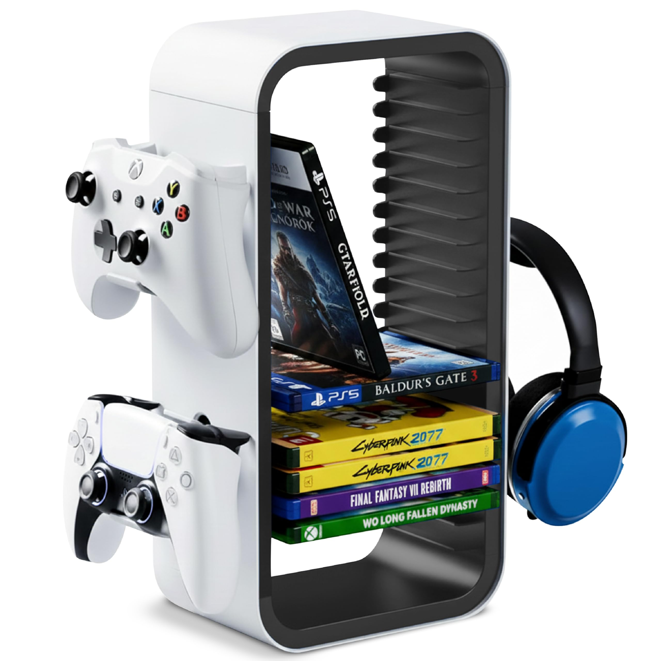 Ein weißer Gaming-Ständer mit Controllern, Spielen und blauen Kopfhörern.