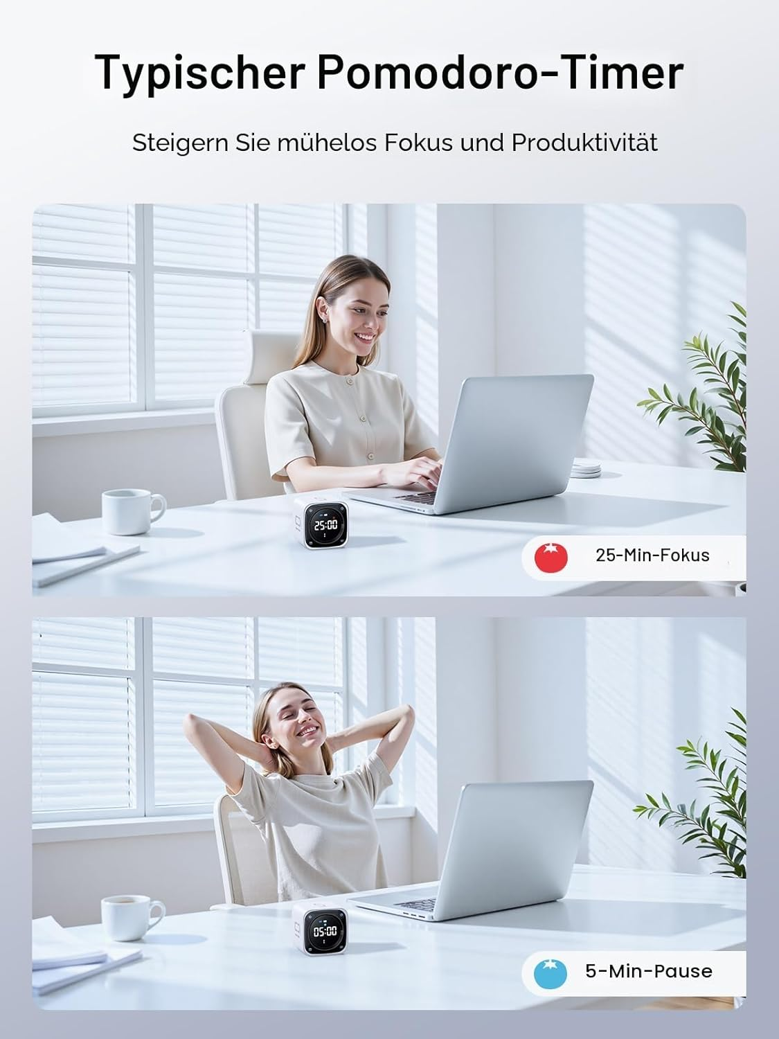 Frau arbeitet am Laptop, Pomodoro-Timer zeigt 25 Min. Frau entspannt, Timer zeigt 5 Min.