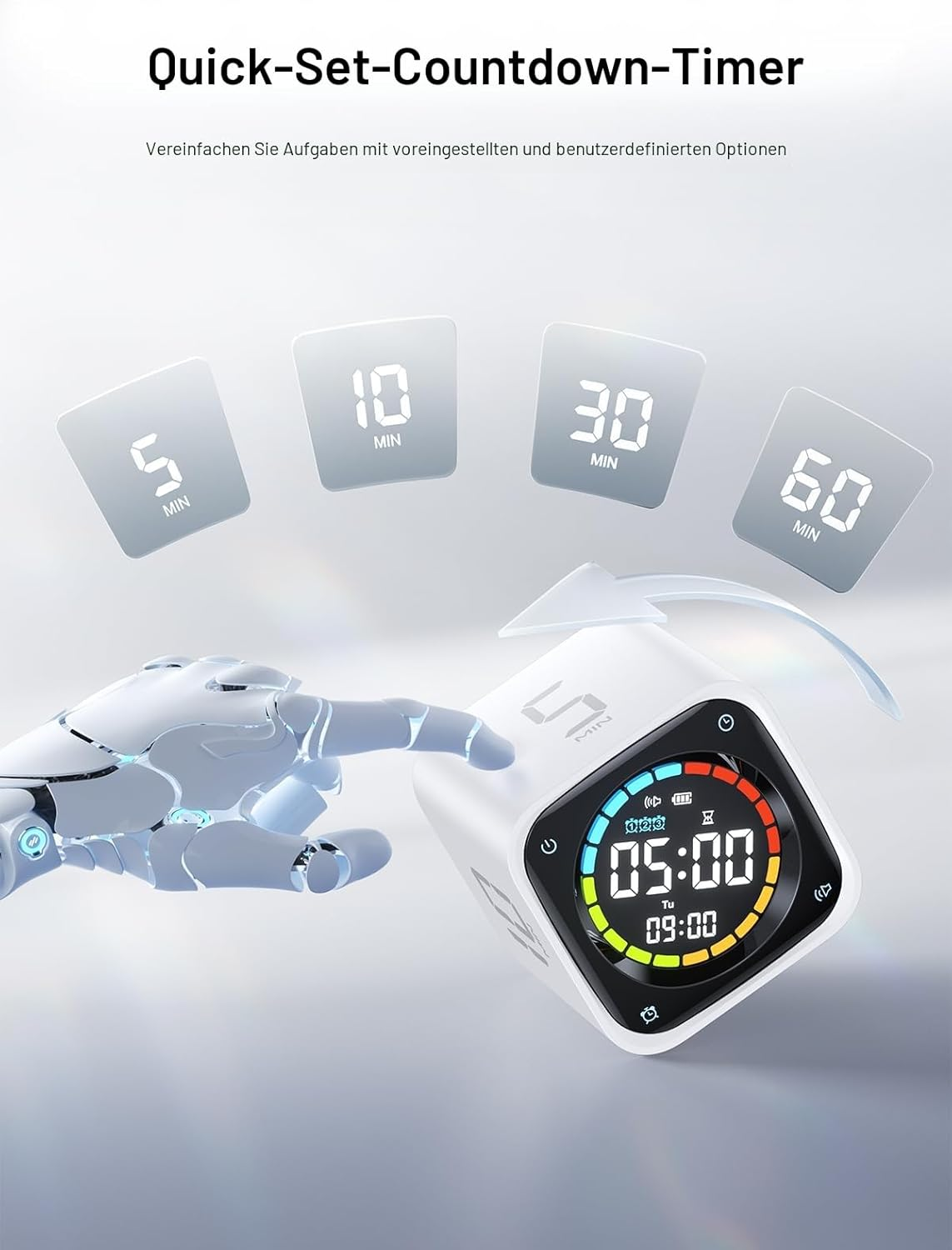 Ein Roboterarm berührt einen weißen Timer-Würfel mit farbigem Display, der 05:00 anzeigt.