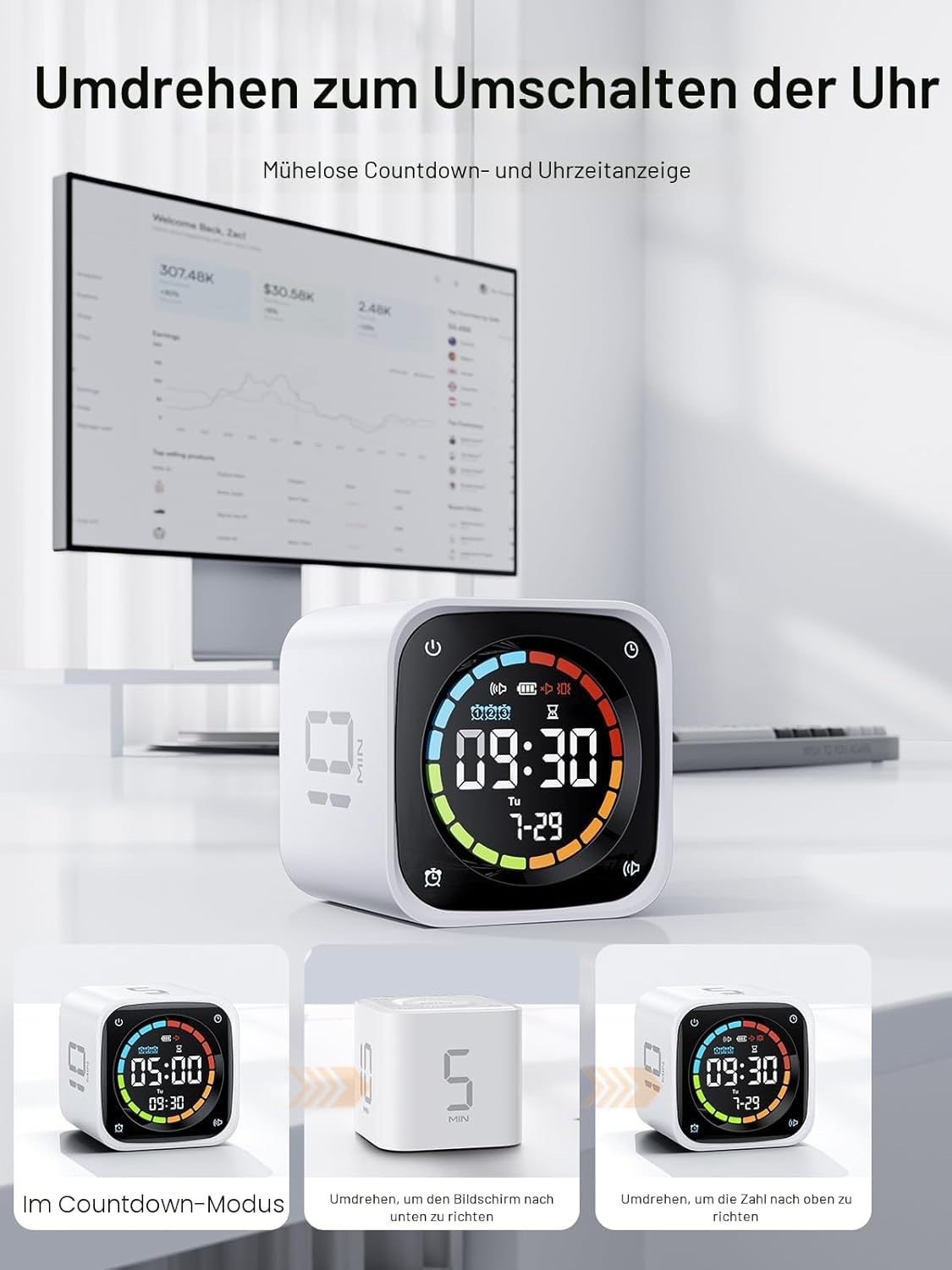 Ein weißer Timer zeigt 09:30 an, mit drei kleinen Vorschaubildern unten.