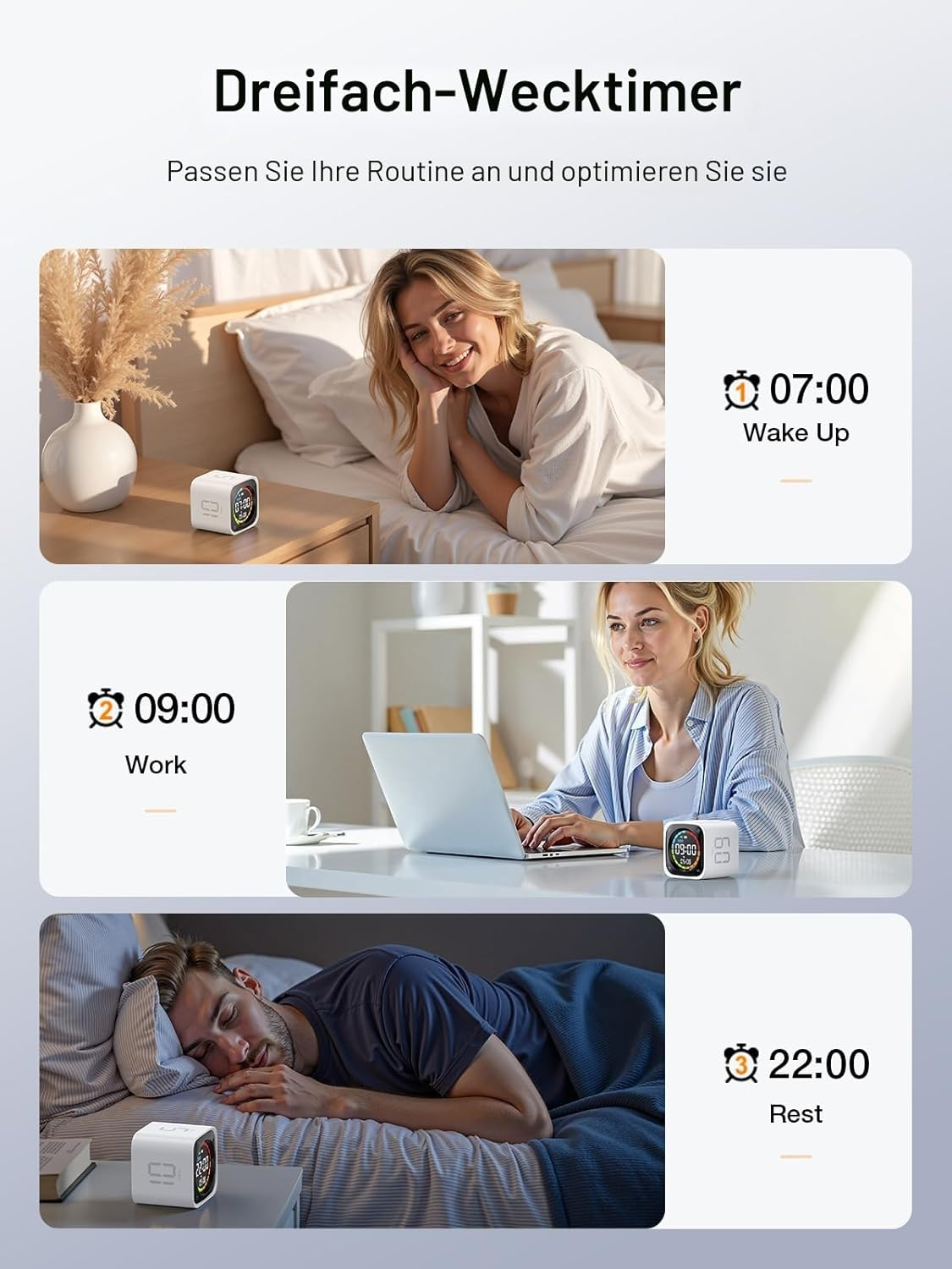 Frau im Bett, Frau am Laptop, Mann schläft.