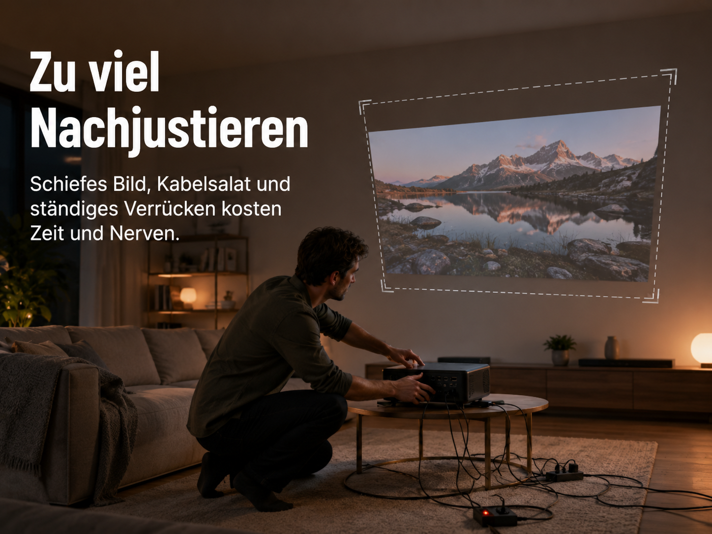 Mann stellt Projektor ein, der Bergsee spiegelt sich auf Leinwand.