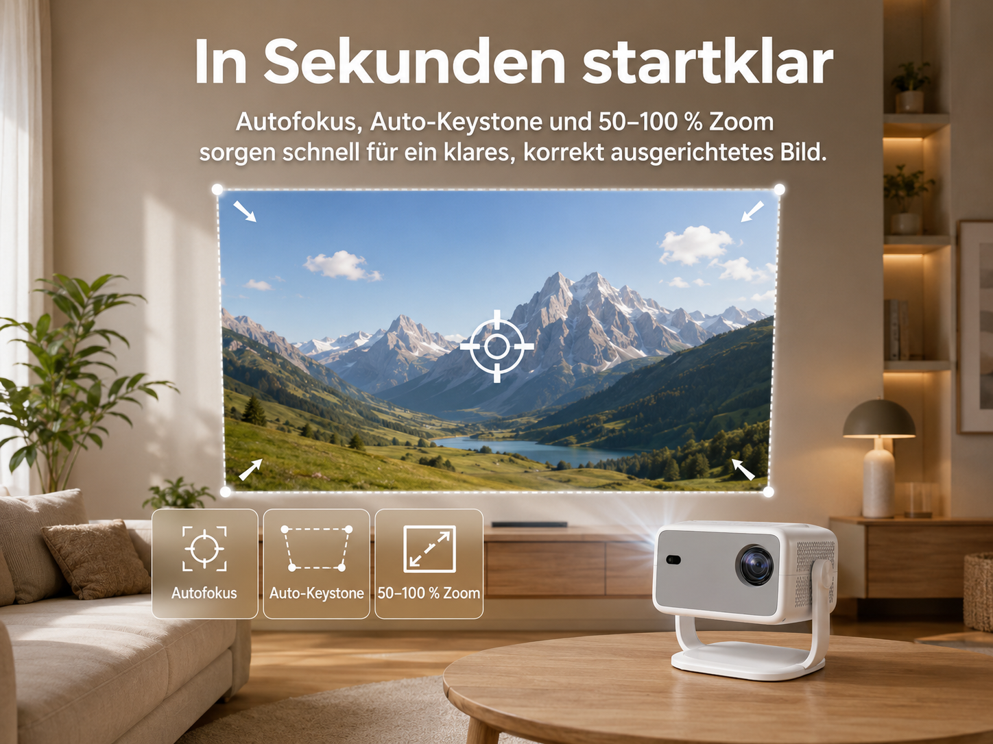 Ein Projektor wirft ein Berg- und Seebild auf eine Wand. Icons zeigen Autofokus, Keystone und Zoom.