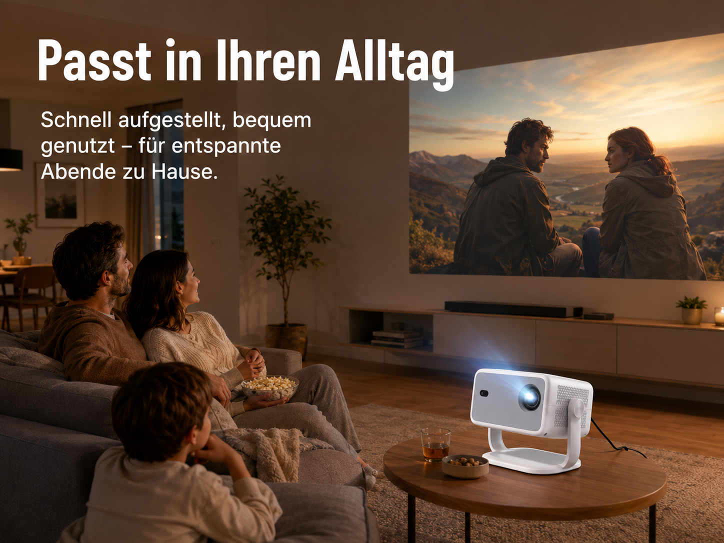 Familie schaut Film auf Leinwand zu Hause. Projektor auf Tisch.