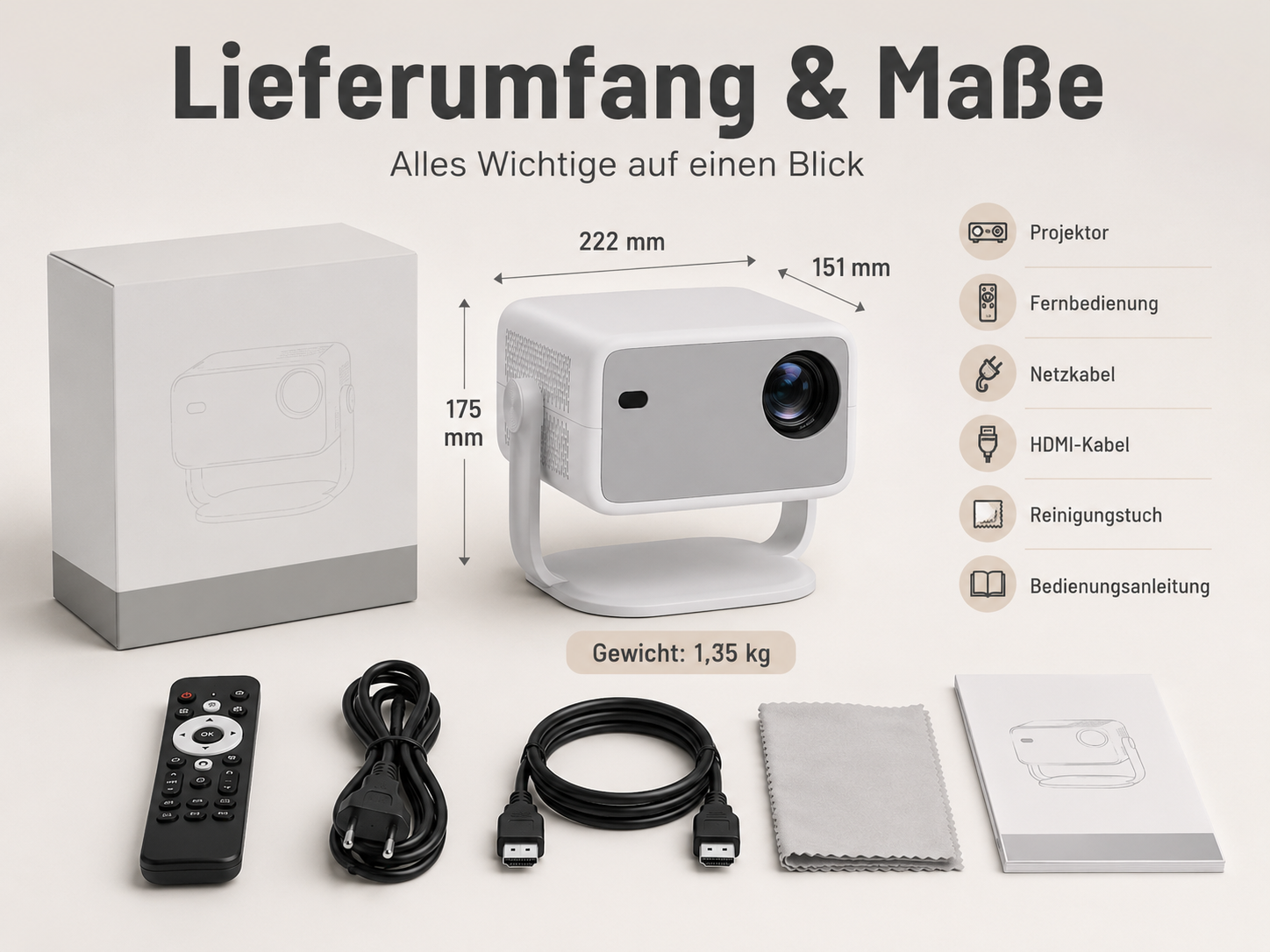 Projektor mit Zubehör: Fernbedienung, Kabel, Tuch, Anleitung. Maße und Gewicht.