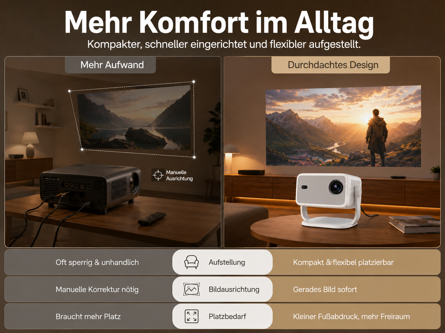 Zwei Projektoren im Vergleich: Links ein großer, rechts ein kompakter, moderner.