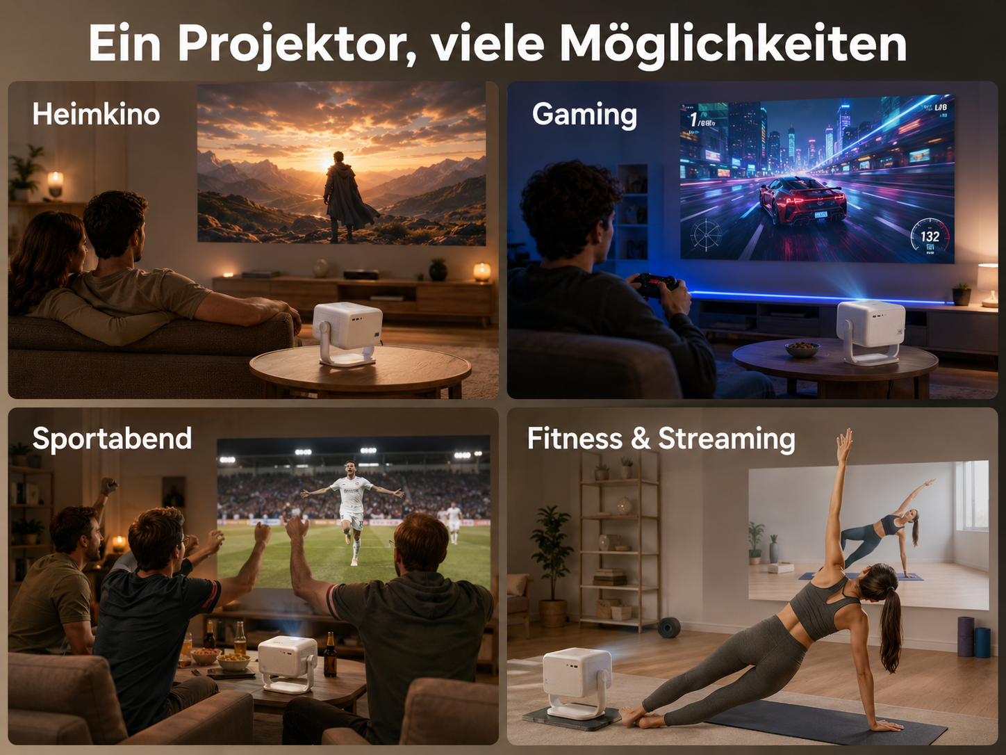 Vier Szenen zeigen einen Projektor: Heimkino, Gaming, Sport und Fitness.