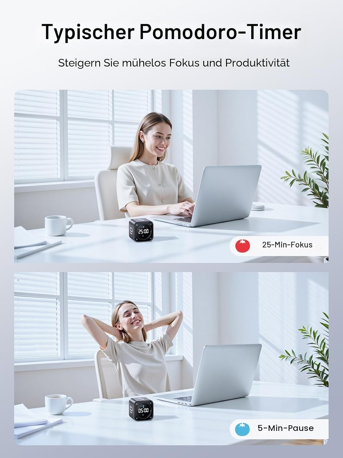 Frau am Schreibtisch mit Laptop, Pomodoro-Timer zeigt 25 Min Fokus an.