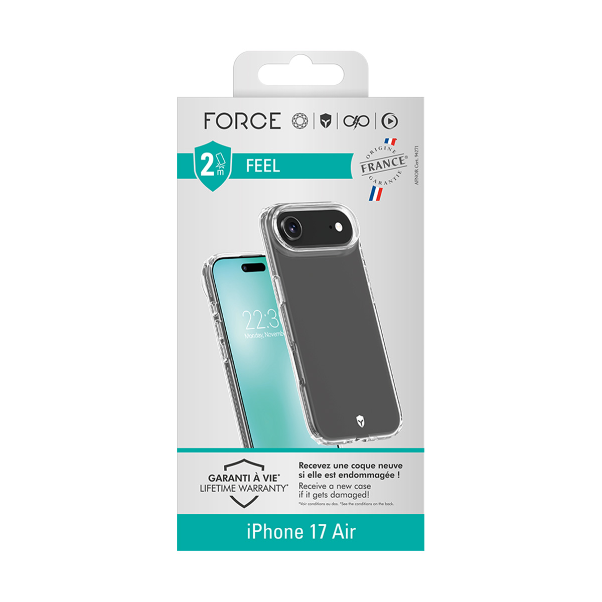 Verpackung für iPhone 17 Air Hülle mit zwei Handyhüllen, eine transparent, eine schwarz.