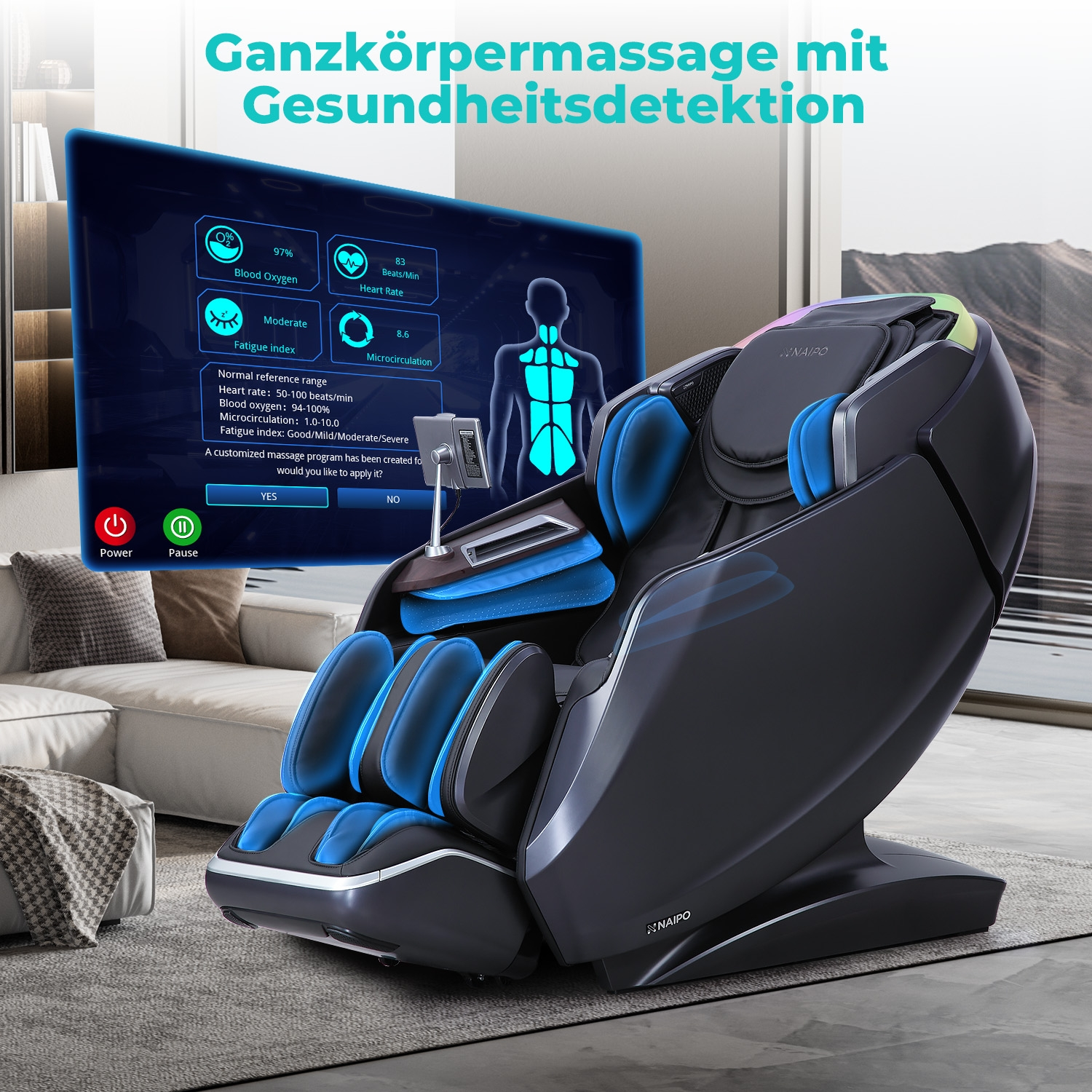 Ein moderner schwarzer Massagestuhl mit beleuchtetem Display, das Vitalwerte anzeigt.